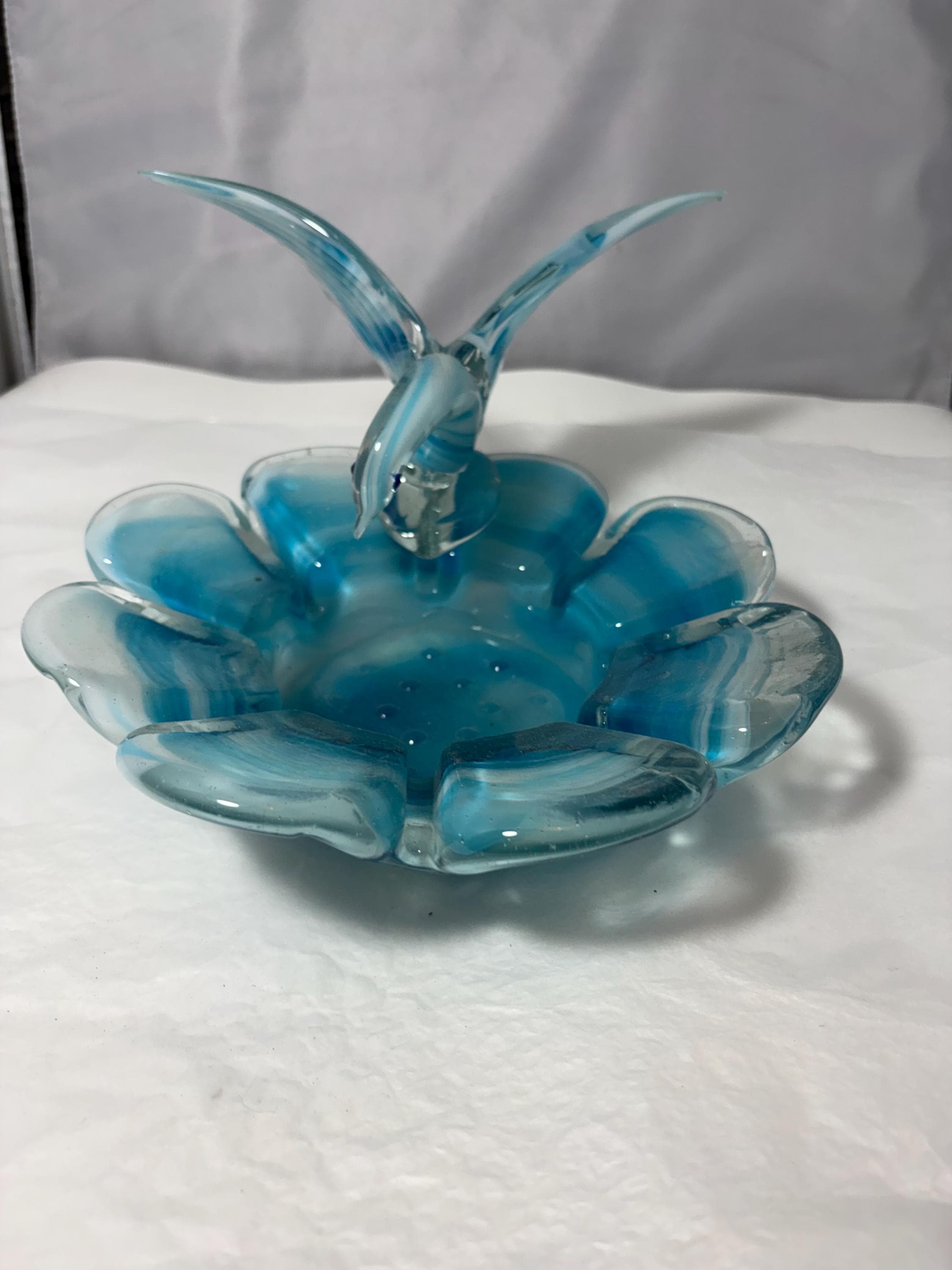 Turquoise Murano Style Glass Bird Dish, vintage Italian art glass, swirl blue white, trinket bowl, ashtray, heavy sculptural decor - image 5