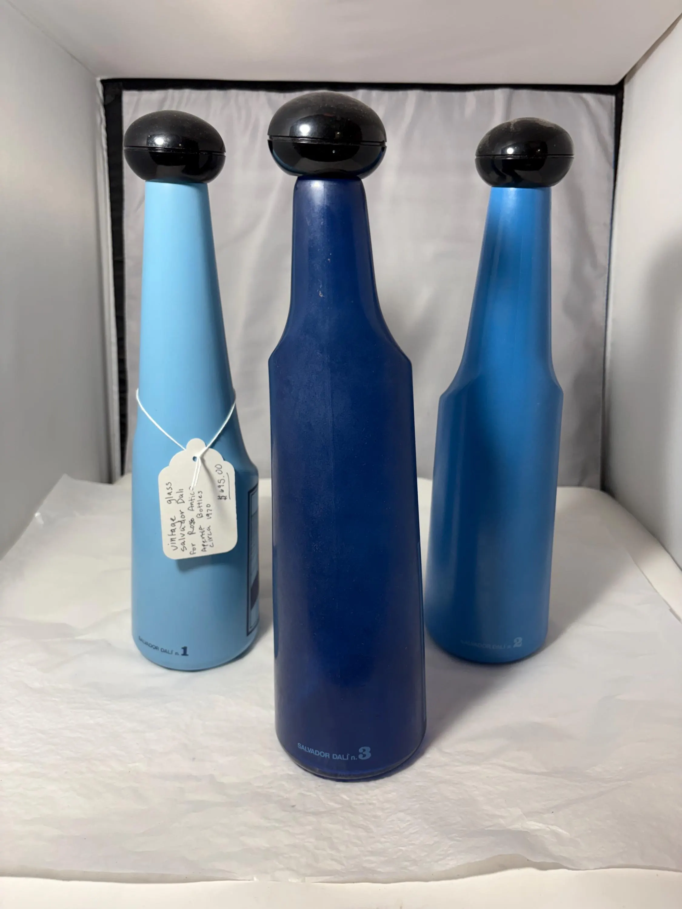 Mid-Century Rosso Antico Art Glass Bottles, Salvador Dalí design, circa 1970, frosted blue, collectible set - image 4
