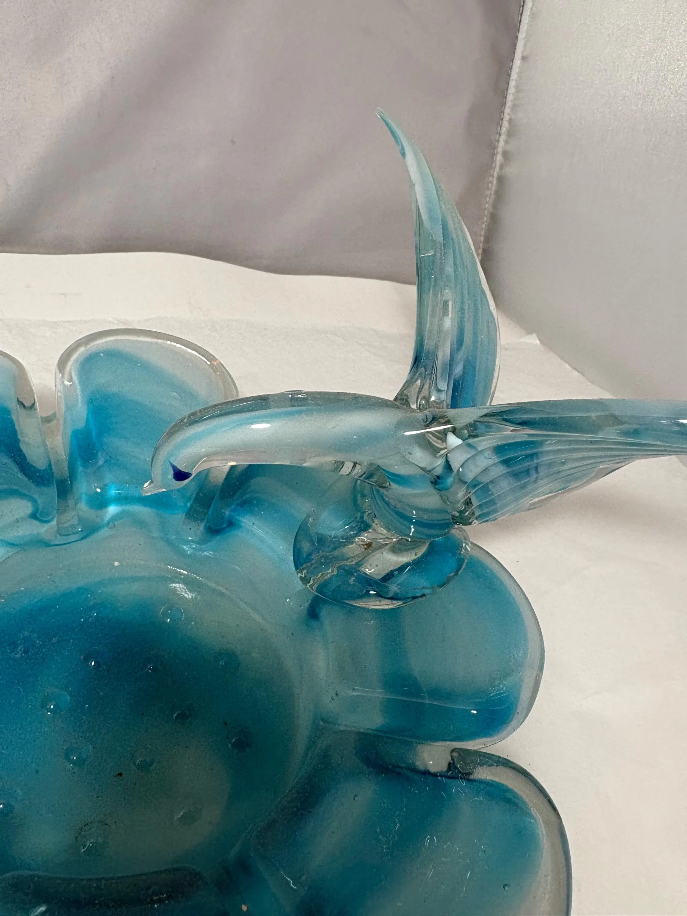Turquoise Murano Style Glass Bird Dish, vintage Italian art glass, swirl blue white, trinket bowl, ashtray, heavy sculptural decor - image 2