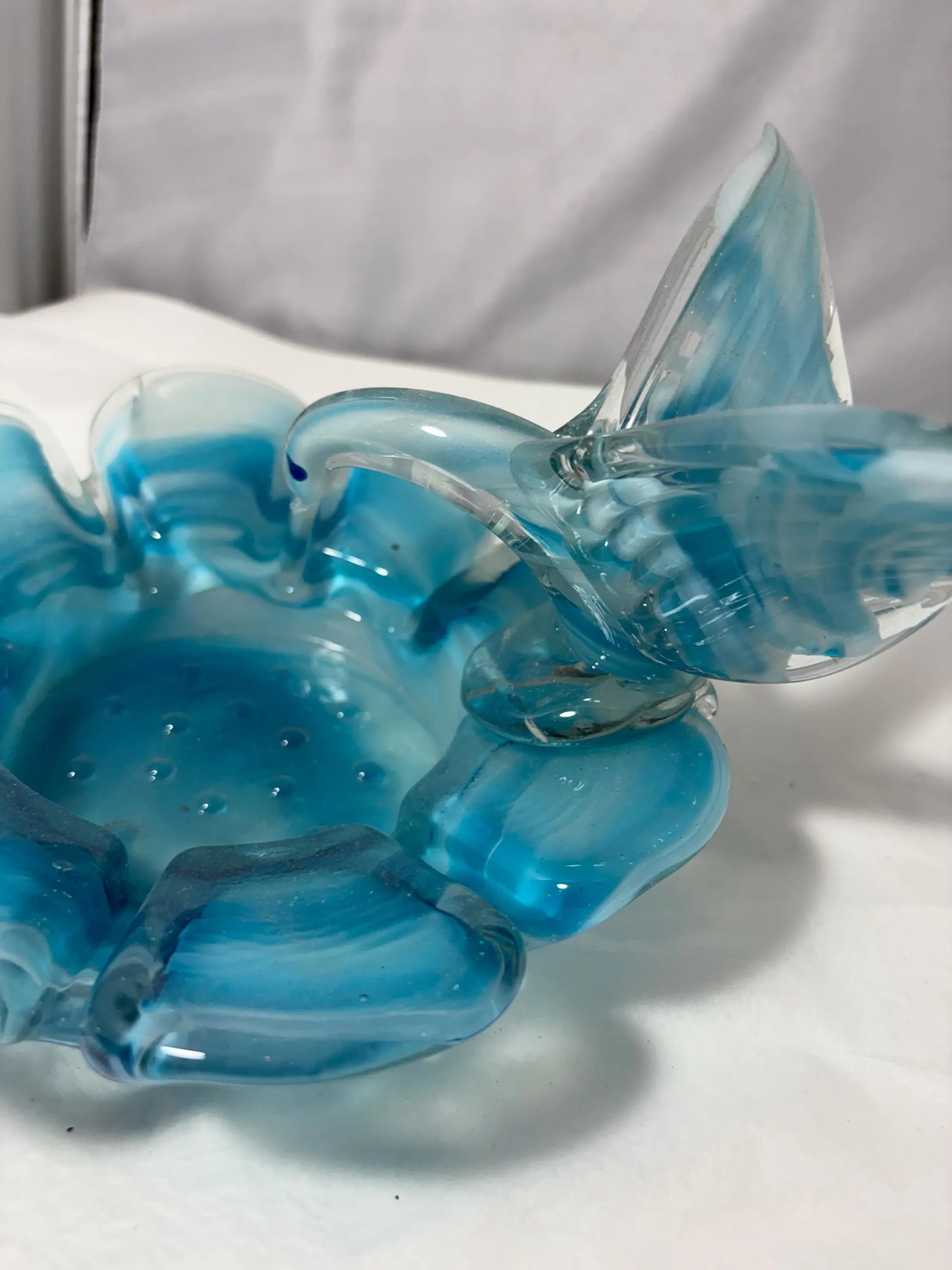Turquoise Murano Style Glass Bird Dish, vintage Italian art glass, swirl blue white, trinket bowl, ashtray, heavy sculptural decor - image 3