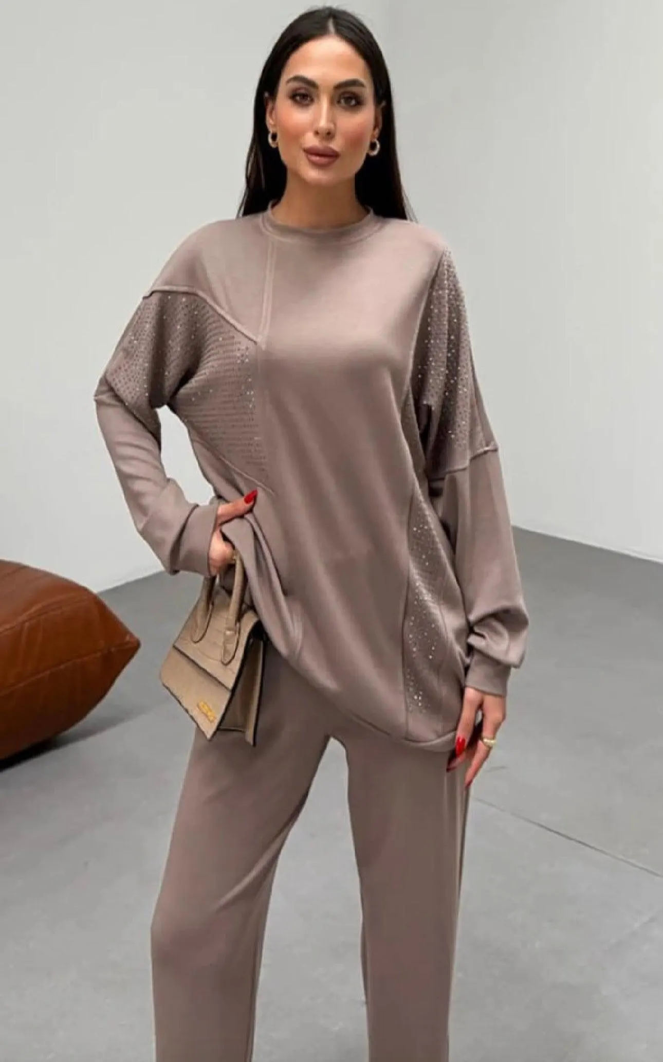Everyday Modest taupe Two-Piece Set with Embellishments