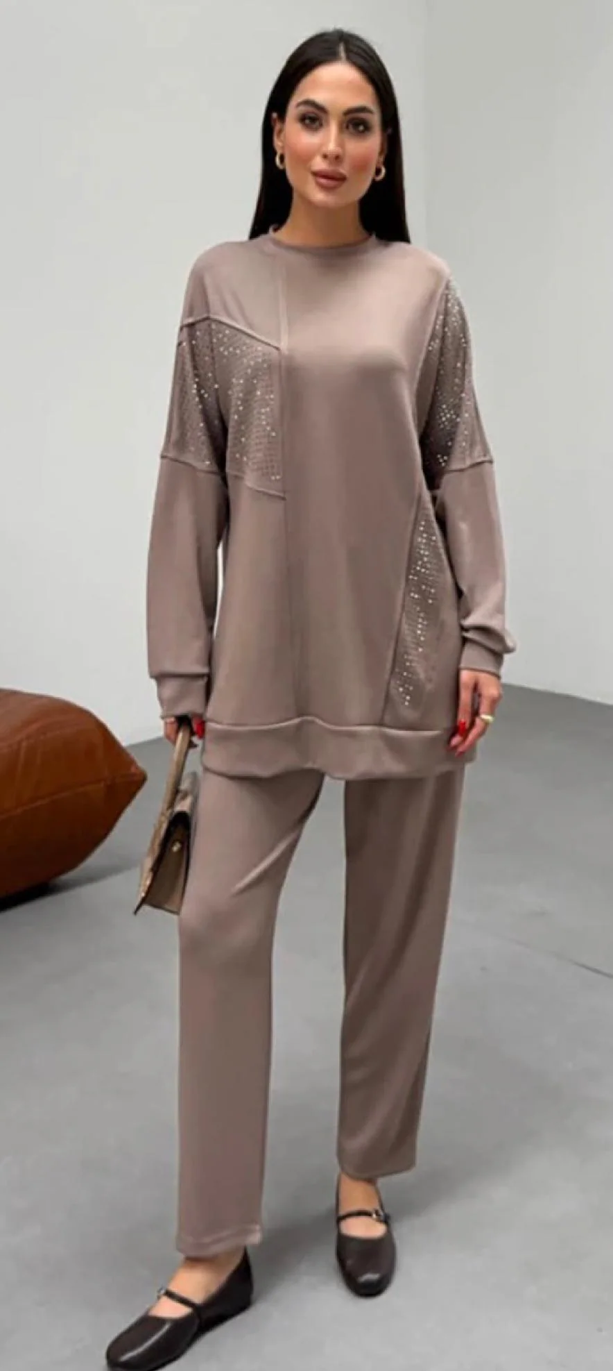 Everyday Modest taupe Two-Piece Set with Embellishments