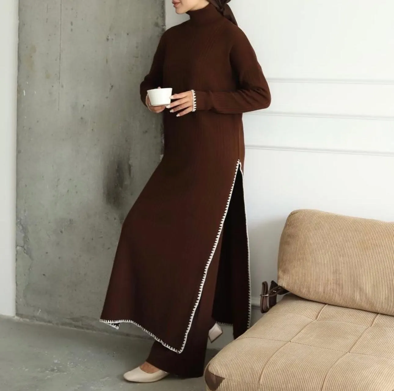 2 Pcs Co-Ord Knitwear Crochet Details Pants Set Turtleneck Full Length top one size winter modest clothing