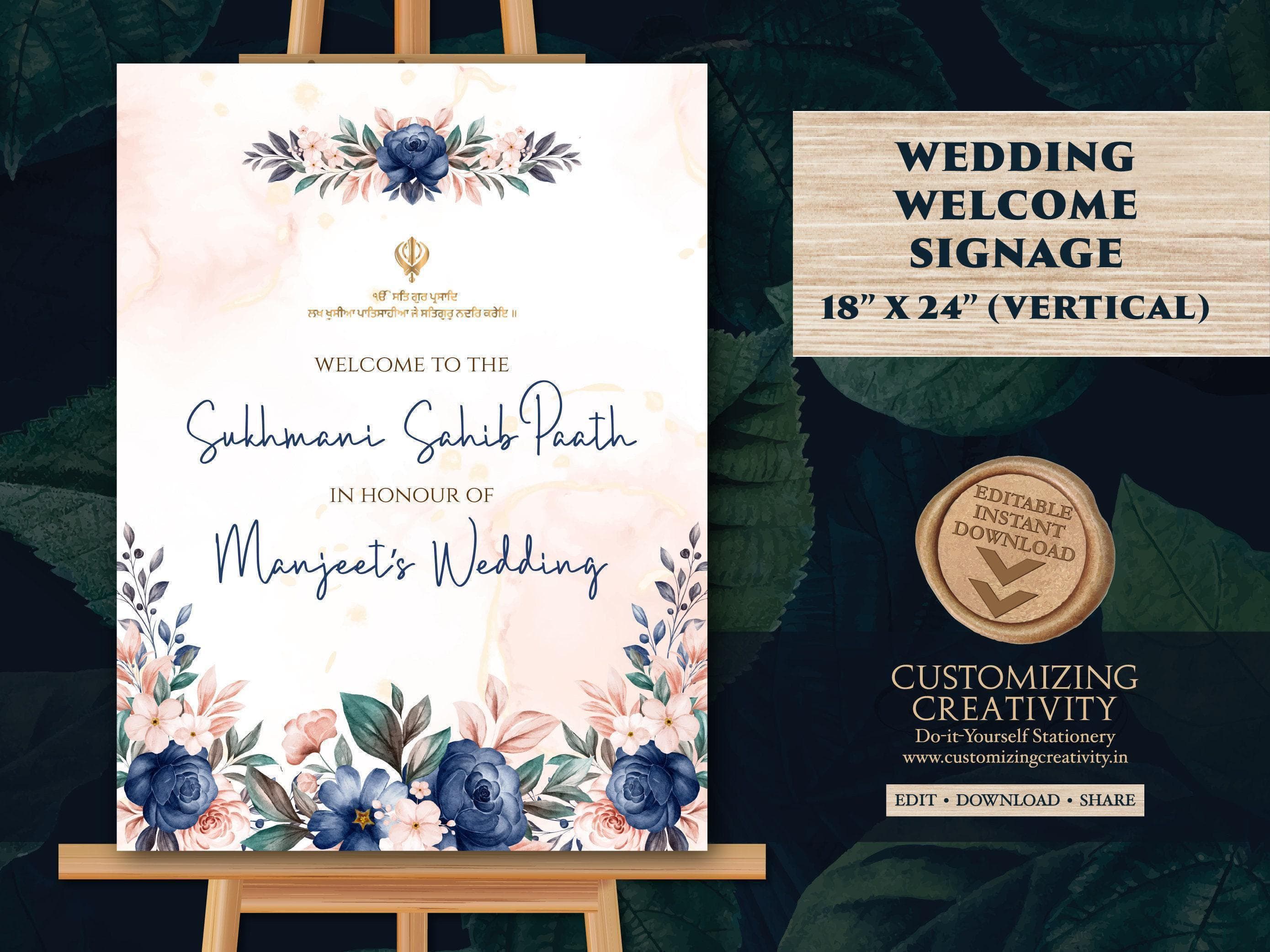 Sukhmani Sahib Path Welcome Sign: Floral Sikh Wedding (Digital Download)