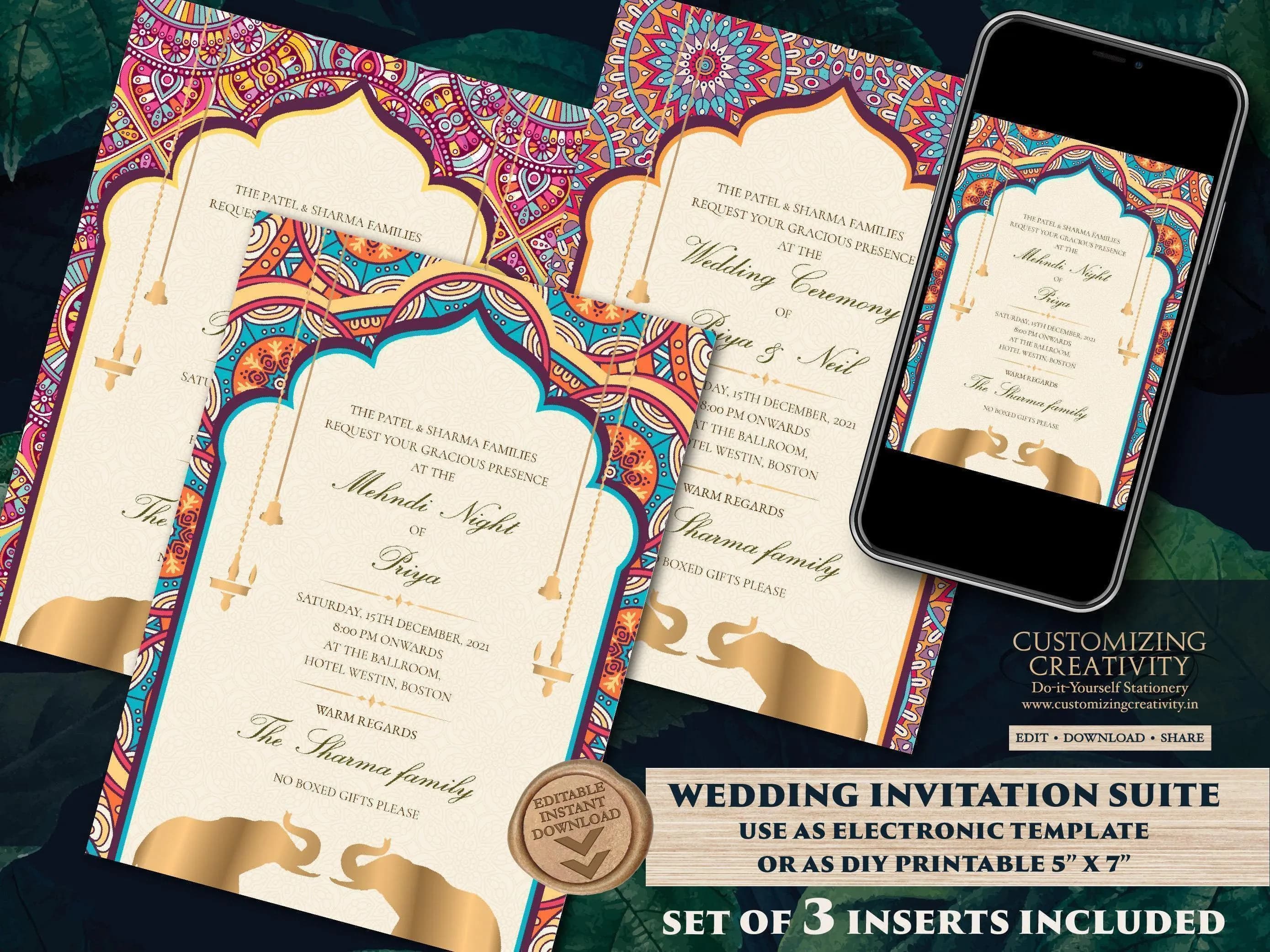 Elephant Mandala Indian Wedding Invitations (Digital Download)