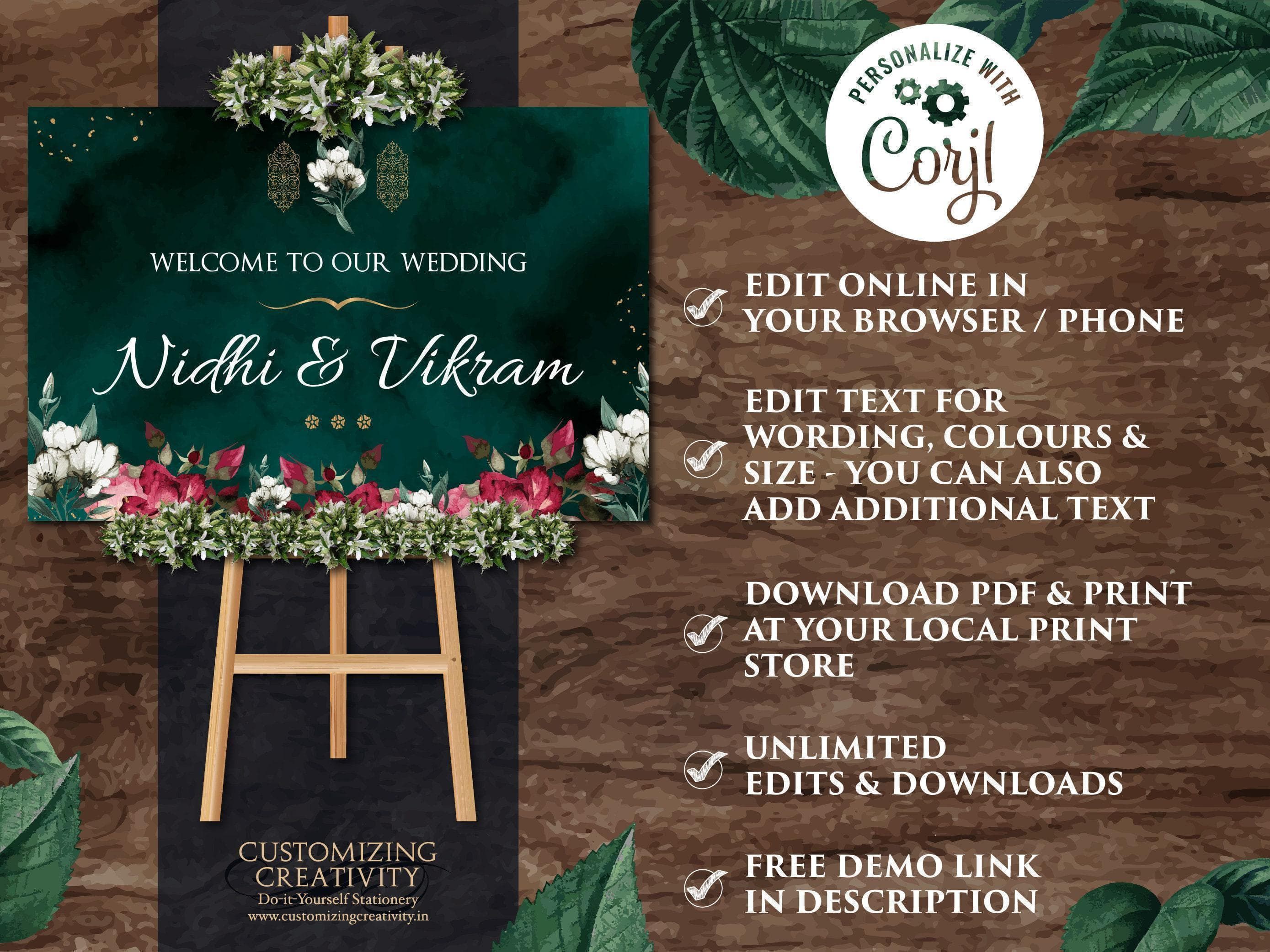 Emerald Green Wedding Welcome Sign: Floral Nikkah Signage (Digital Template) - image 3