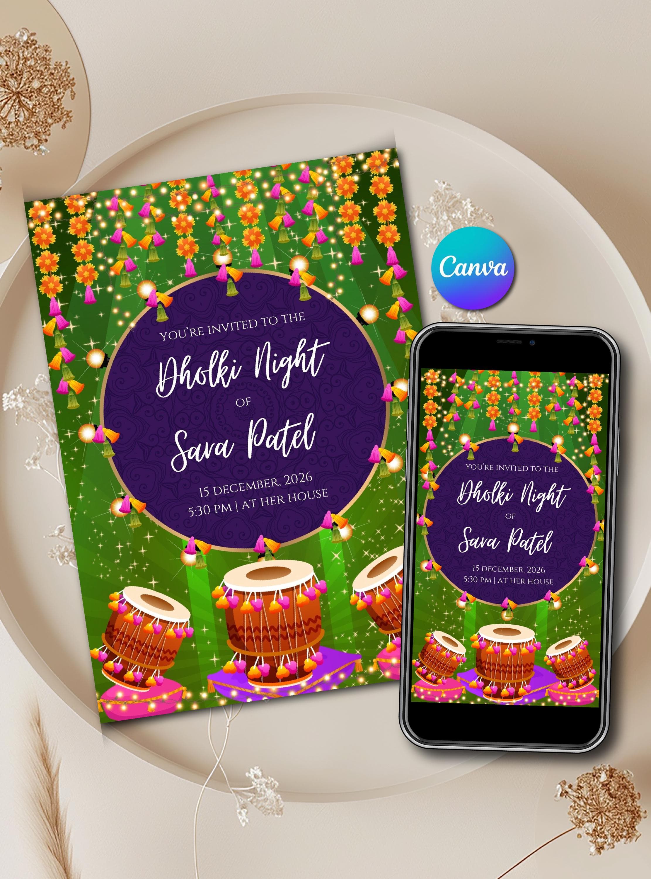Editable Dholki Night Invite as Dholki Invitation Template Digital, Muslim Dholki Card Canva template as Printable Dholki night invitation