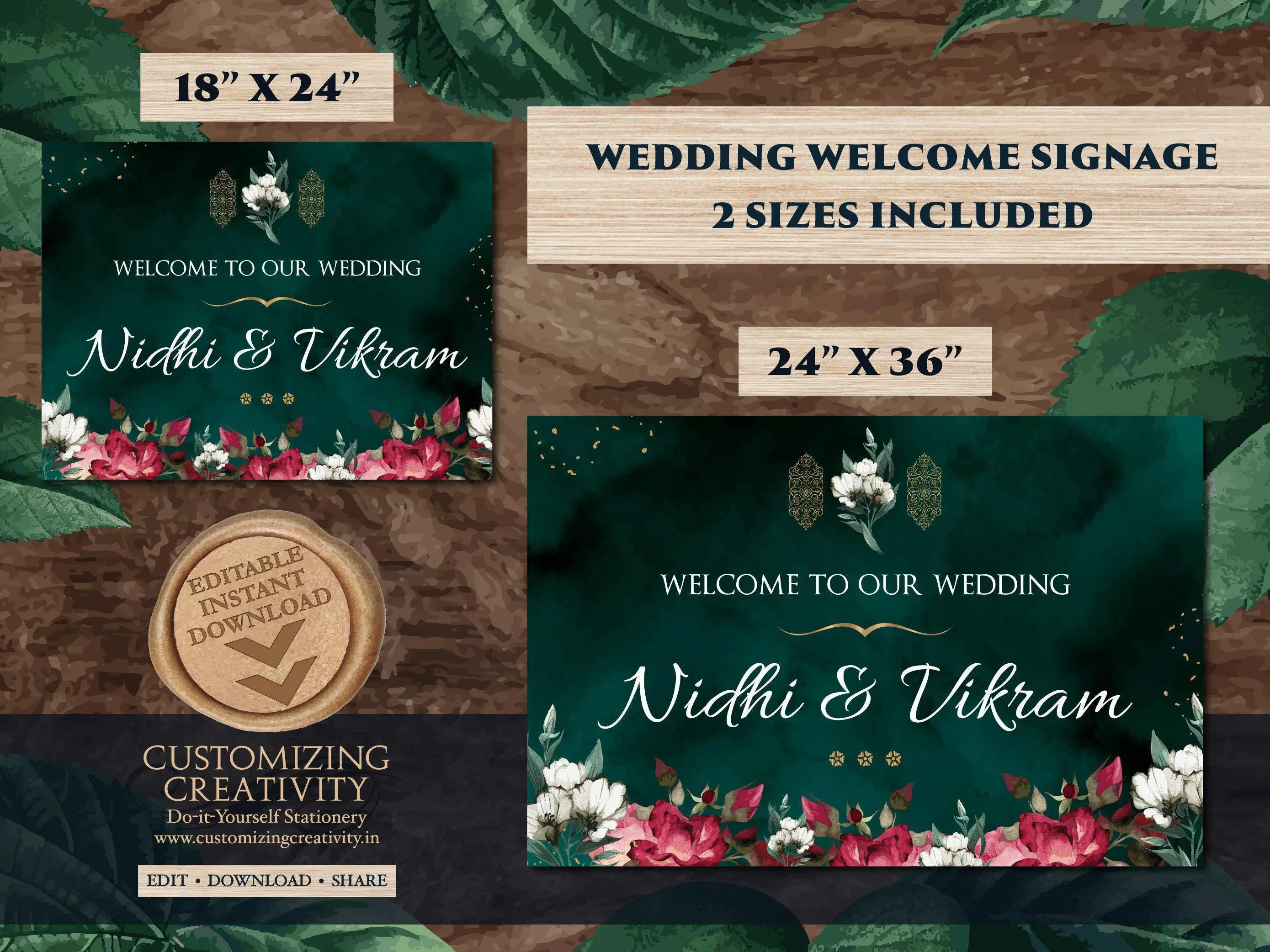Emerald Green Wedding Welcome Sign: Floral Nikkah Signage (Digital Template) - image 4