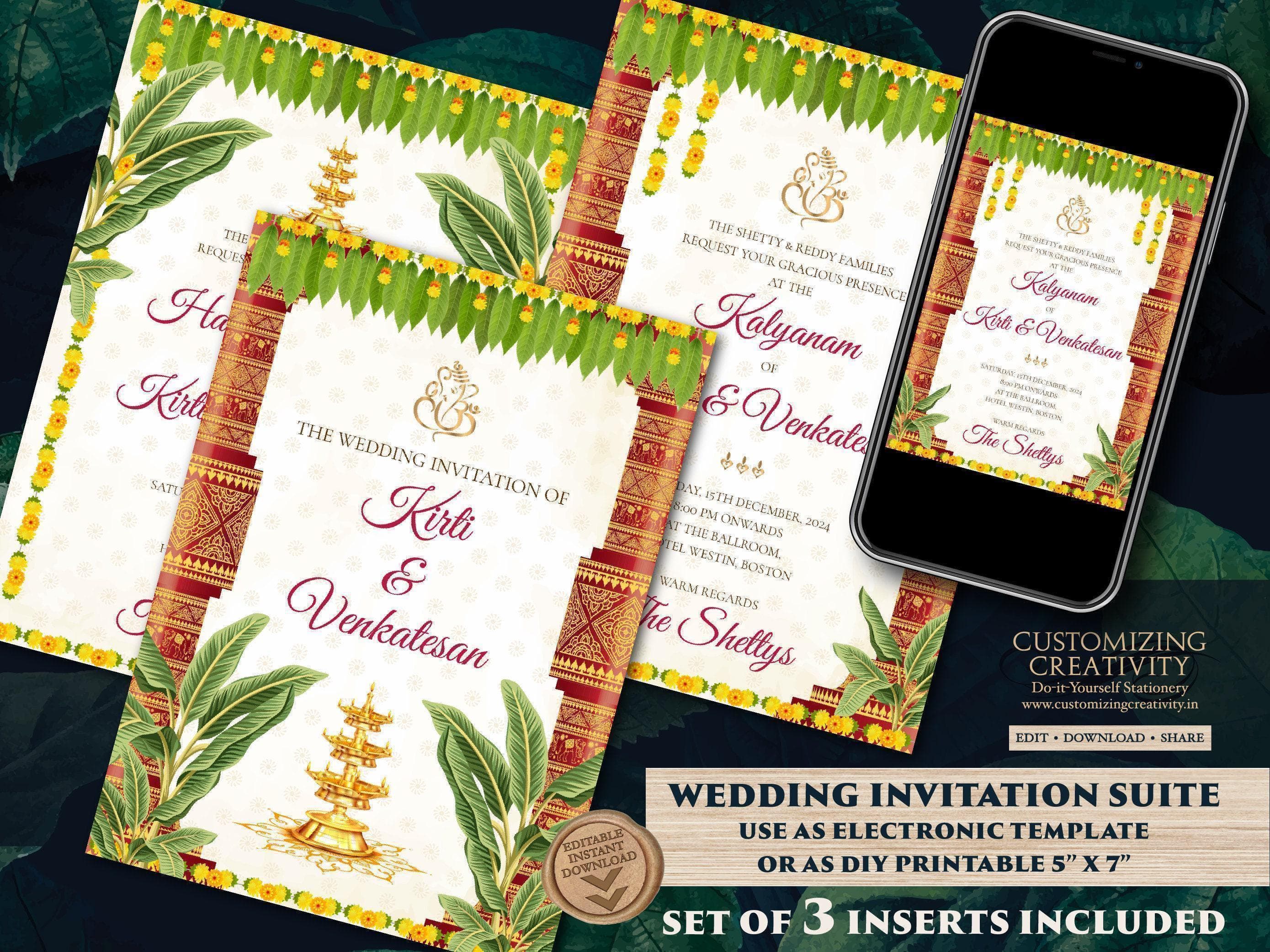 South Indian Wedding Invitation: Tamil Telugu Invite (Digital Download)