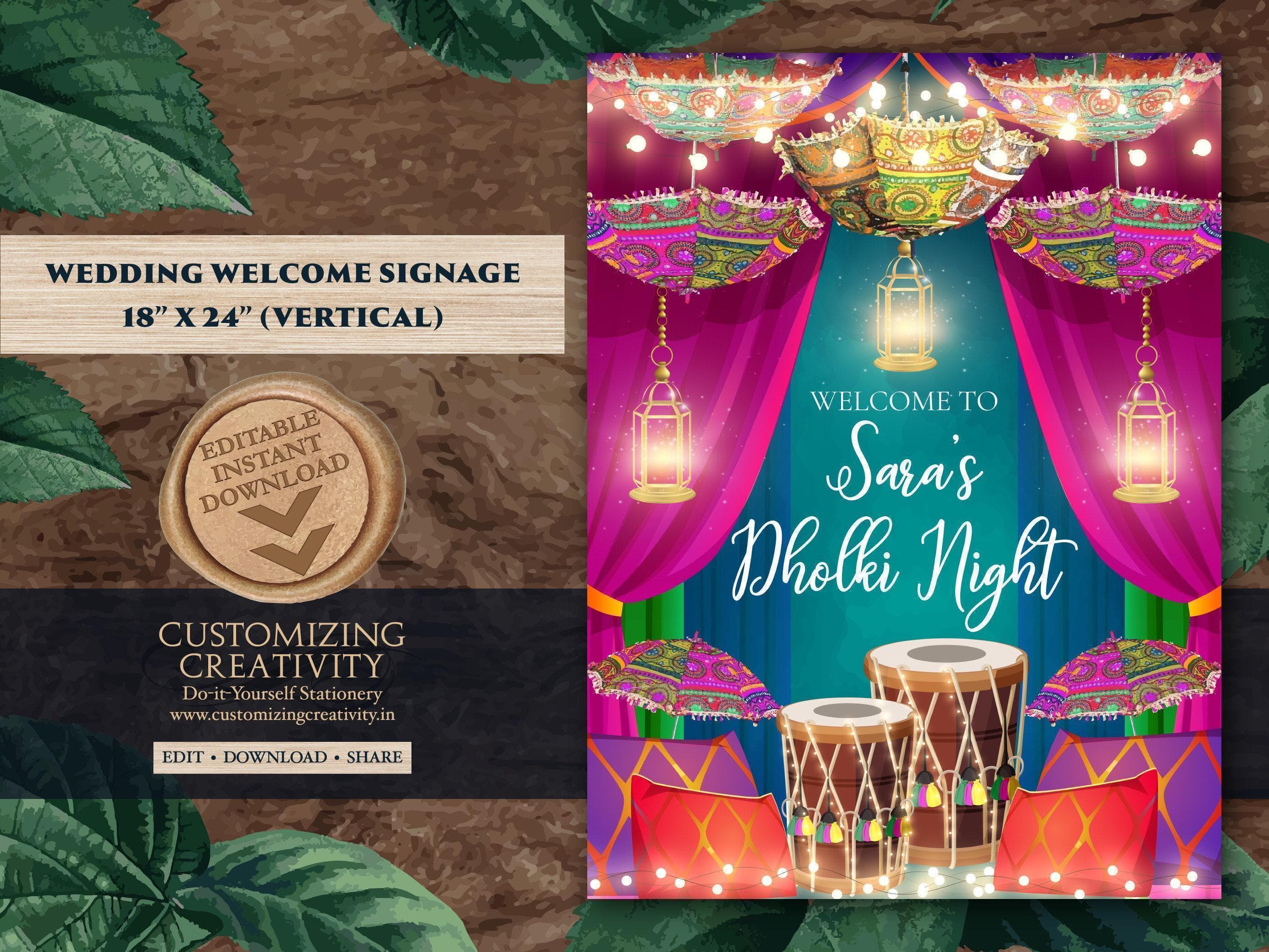 Dholki Welcome Sign: Muslim Wedding Decor (18x24" Vertical) (Digital Template) - image 3