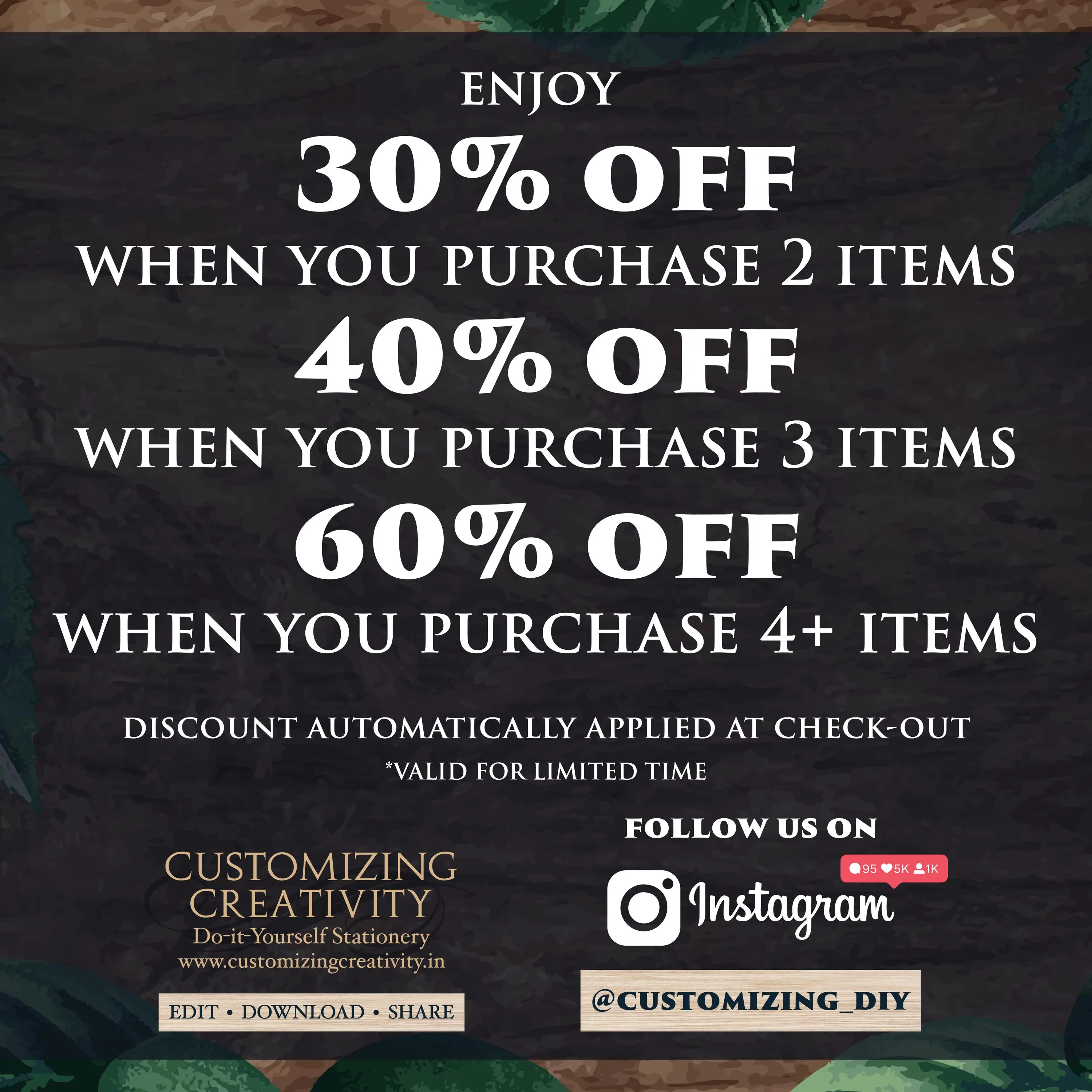 The image is a promotional advertisement for a product that offers discounts on purchases of various quantities of items. It features a dark background with white text and images, and includes a call to action for customers to follow the brand on social media platforms.