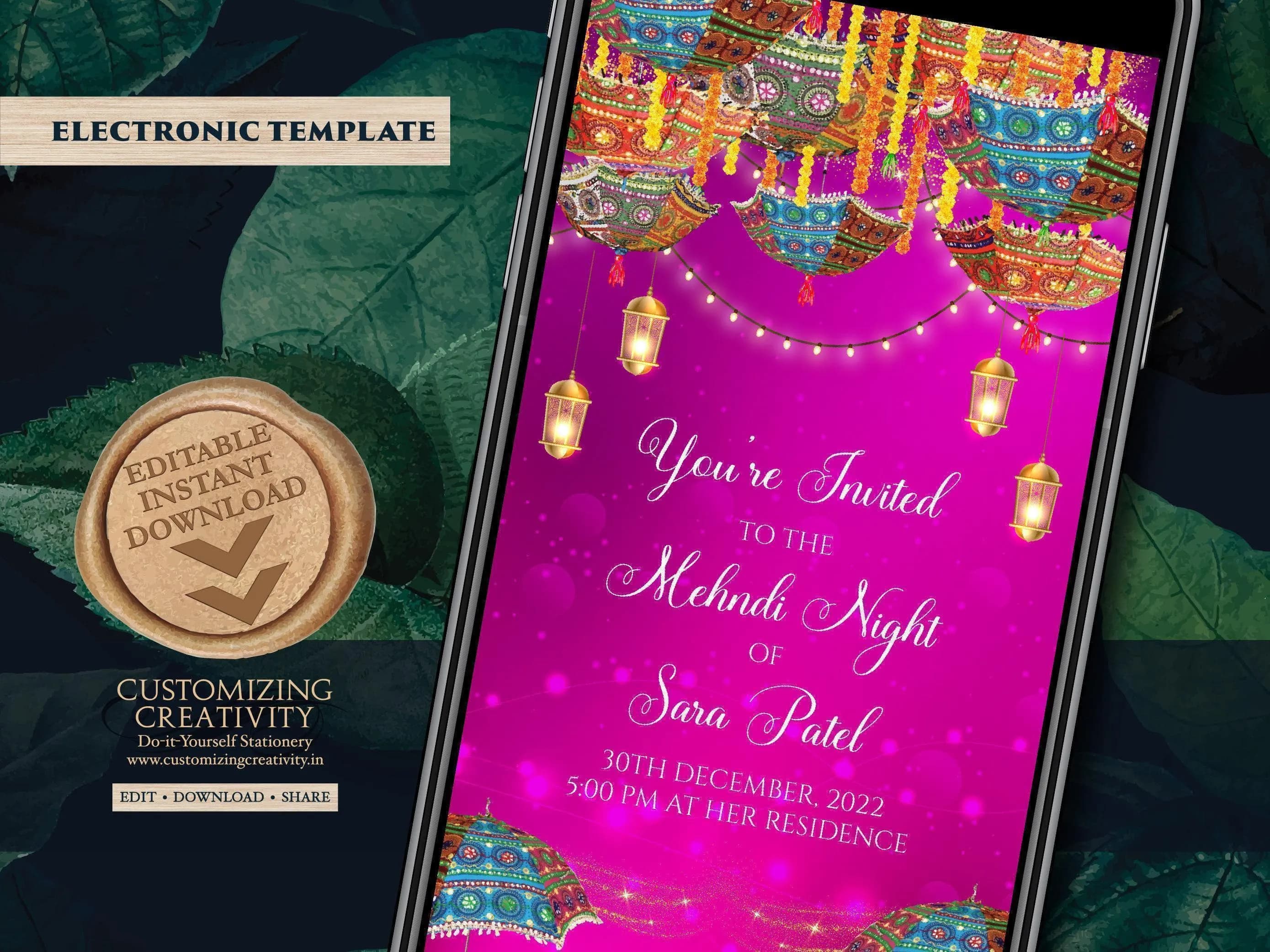 Digital Mehndi Invitation: Dholki Night Invites (Electronic Template)
