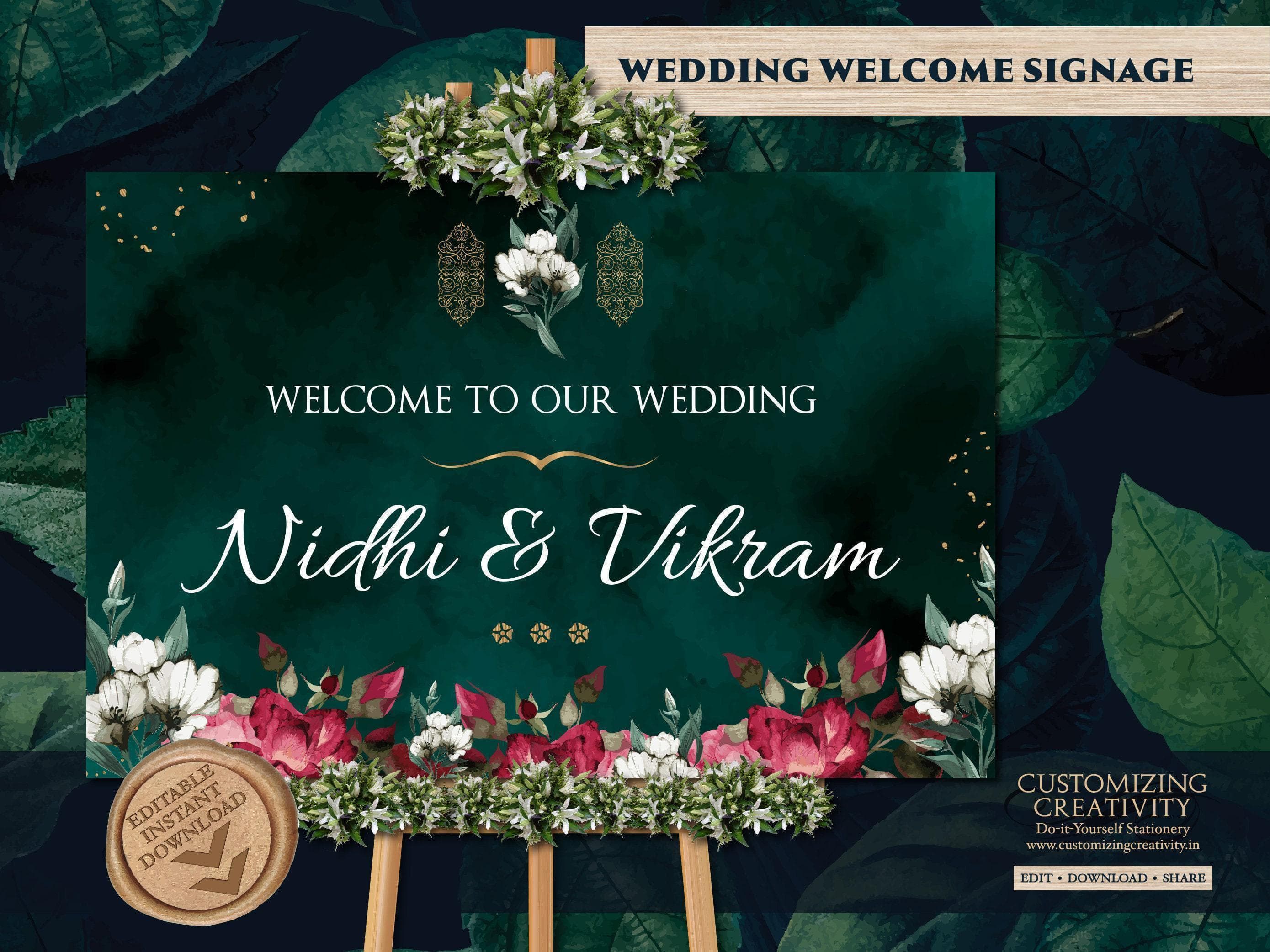 Emerald Green Wedding Welcome Sign: Floral Nikkah Signage (Digital Template)