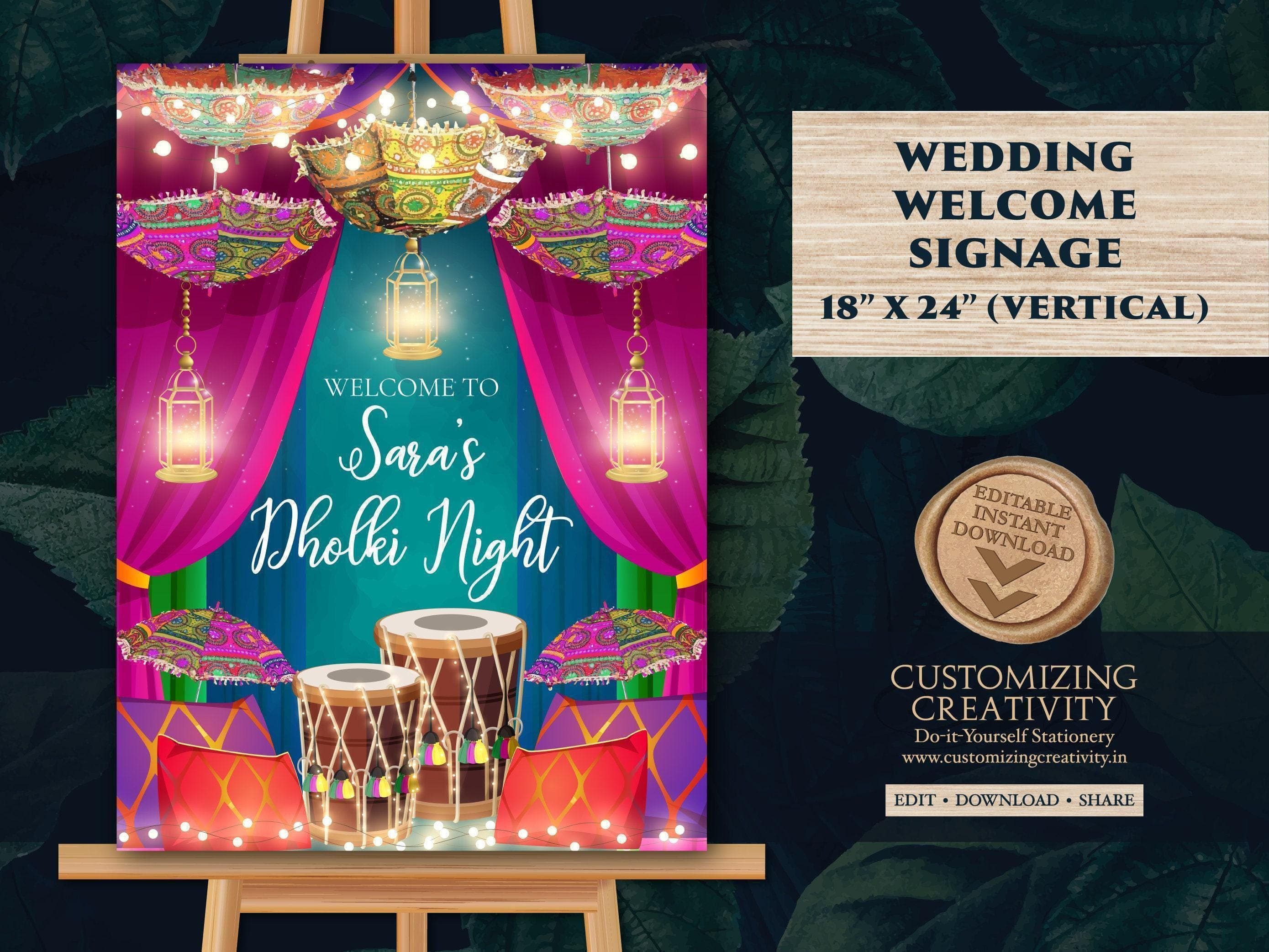 Dholki Welcome Sign: Muslim Wedding Decor (18x24" Vertical) (Digital Template)
