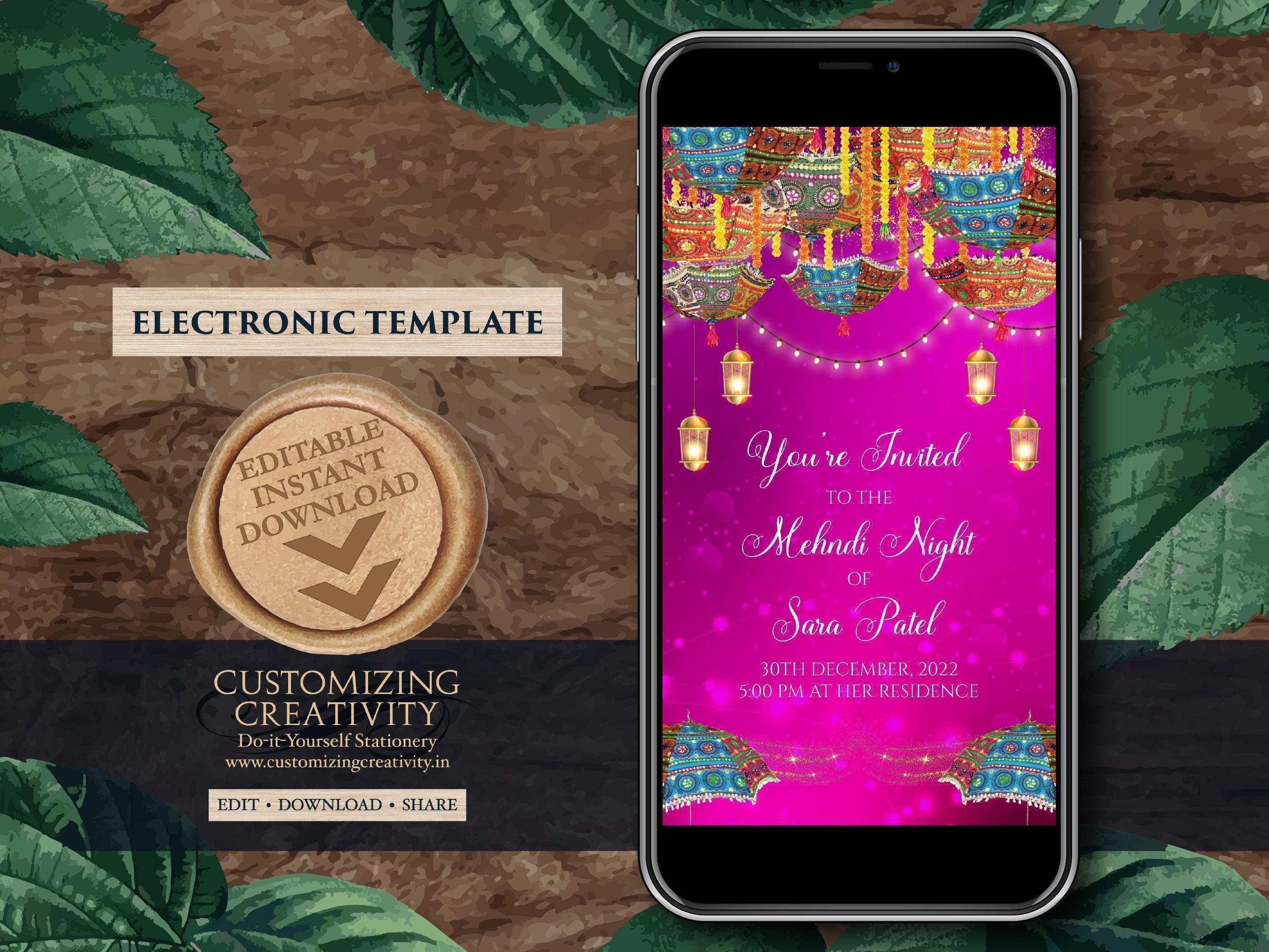 Digital Mehndi Invitation: Dholki Night Invites (Electronic Template) - image 3