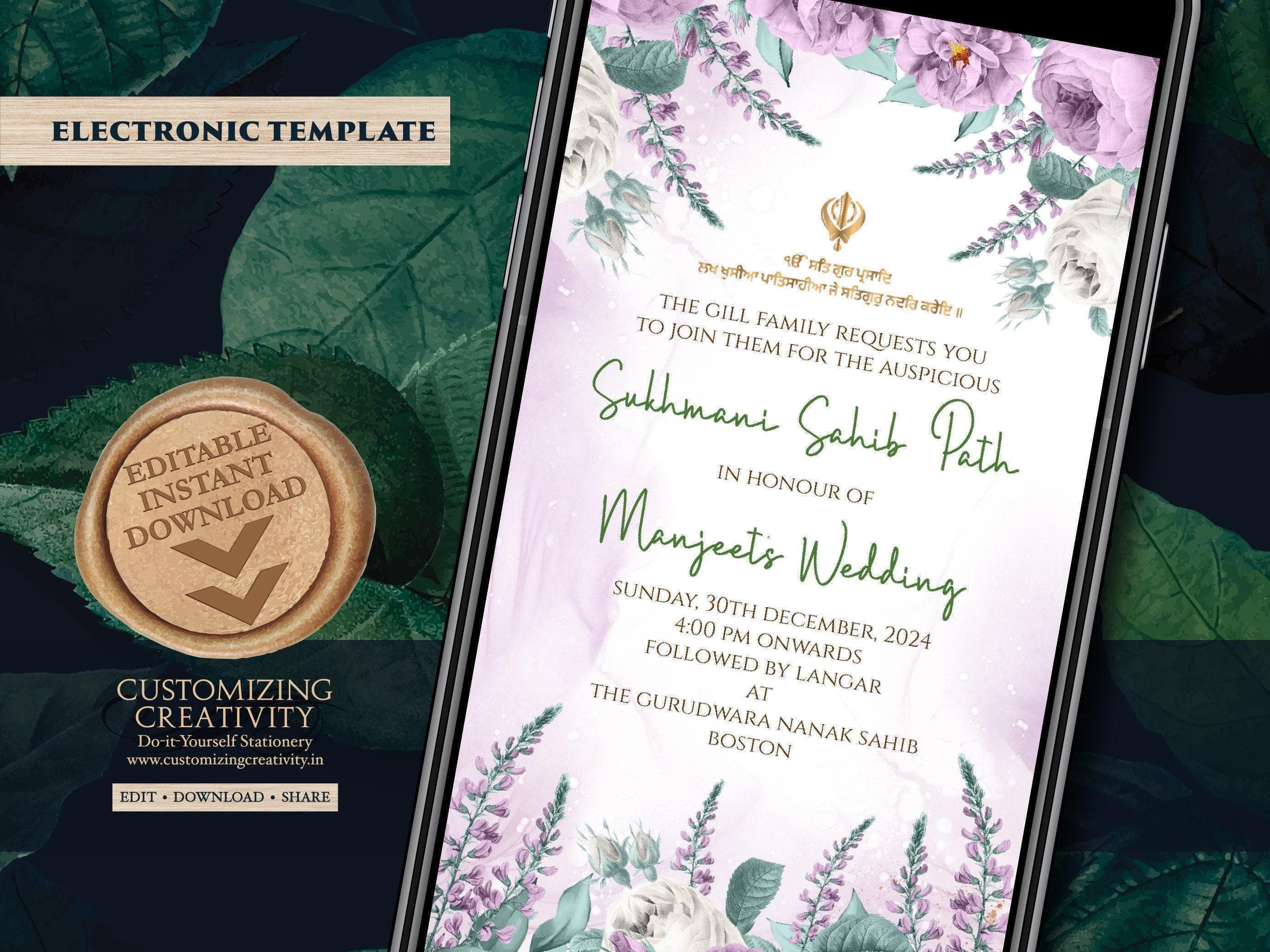Floral Sukhmani Sahib Path Invitation: Elegant DIY Template (Digital Download)