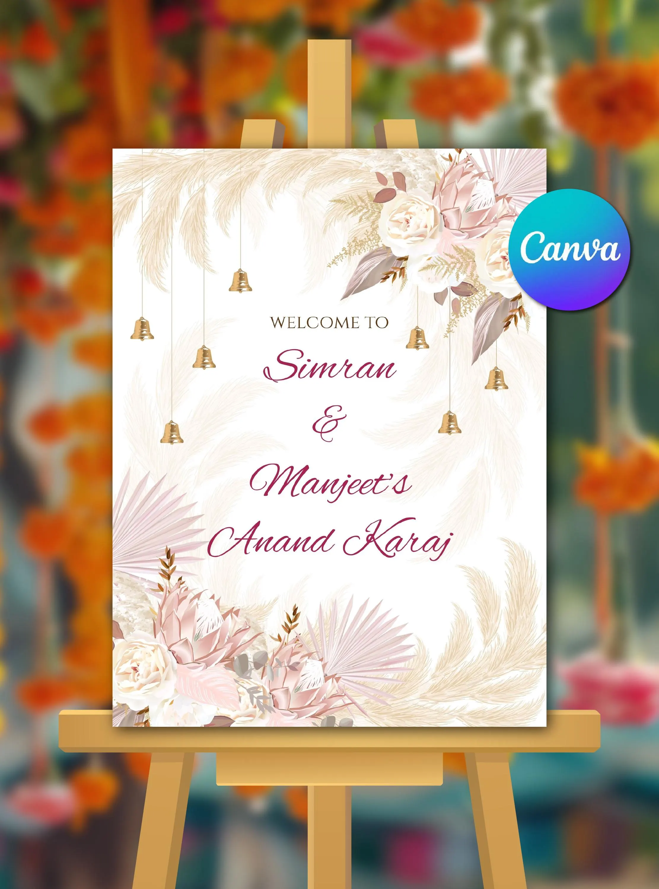 Anand Karaj Welcome Sign Template, Sikh Wedding Canva Editable, Boho Pampas Gold Bell Punjabi Wedding Sign, Sikh welcome Instant Download