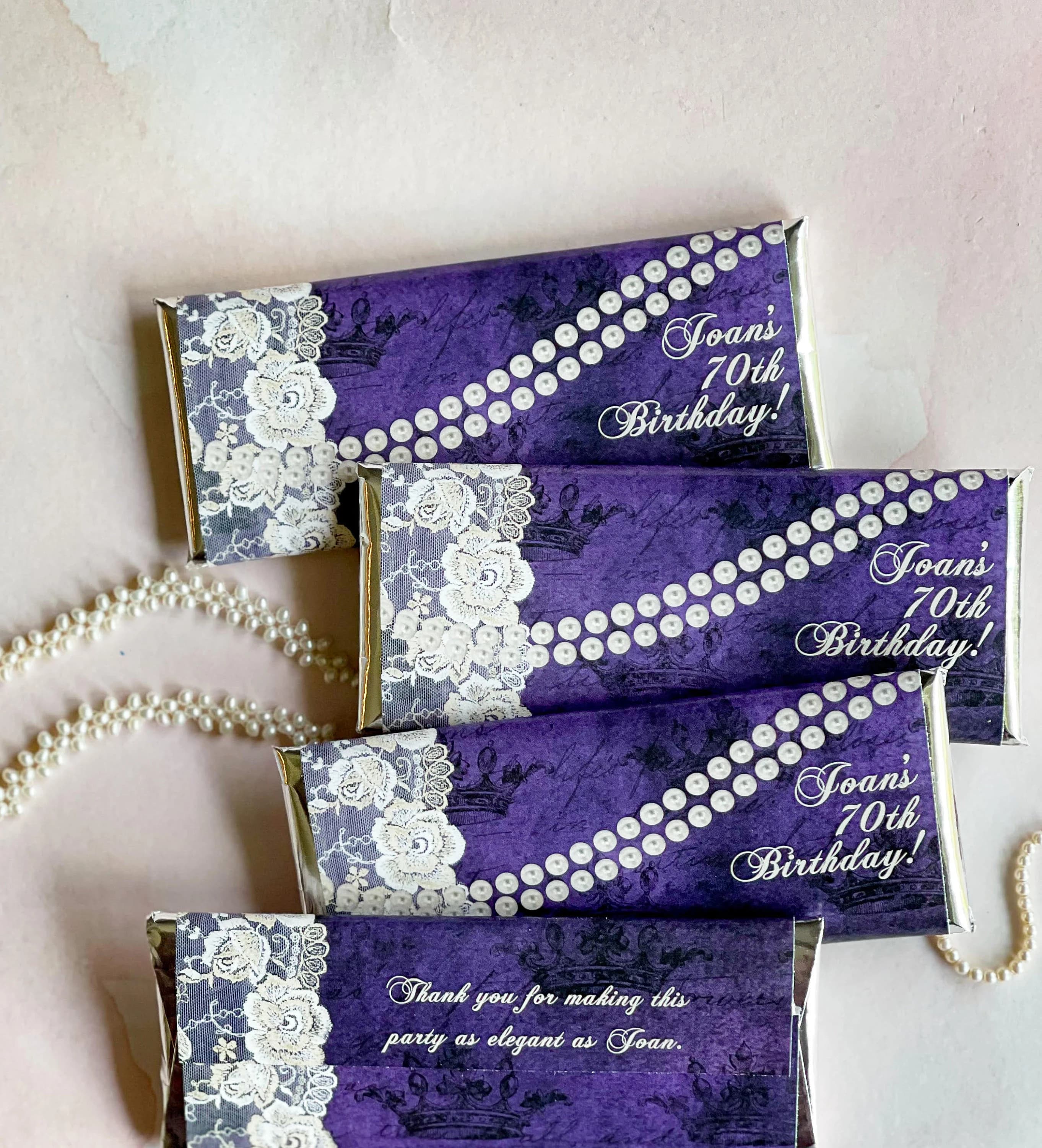 Elegant birthday favors, classy pearls theme party, Pearl lace theme party favors, personalized 50th birthday party candy wrappers,
