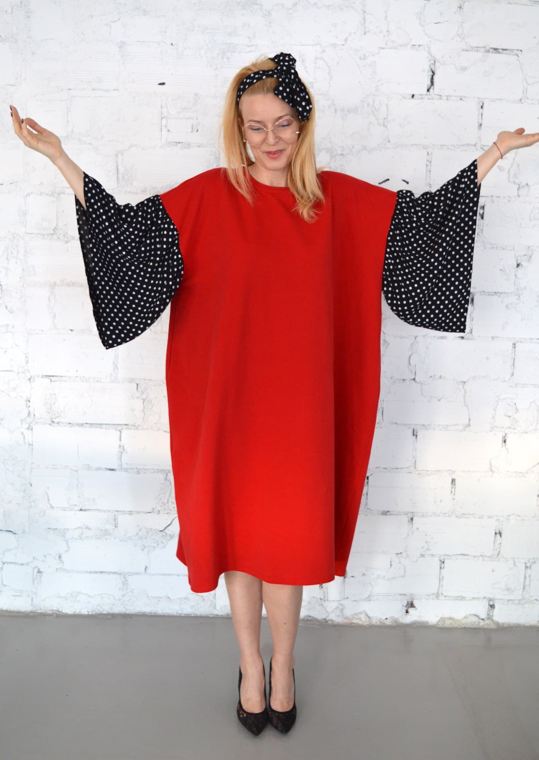 Women Red Dress, Plus Size Dress, Butterfly Sleeve, Casual Loose Dress, Maxi Dresses, Polka Dot Dress - image 3