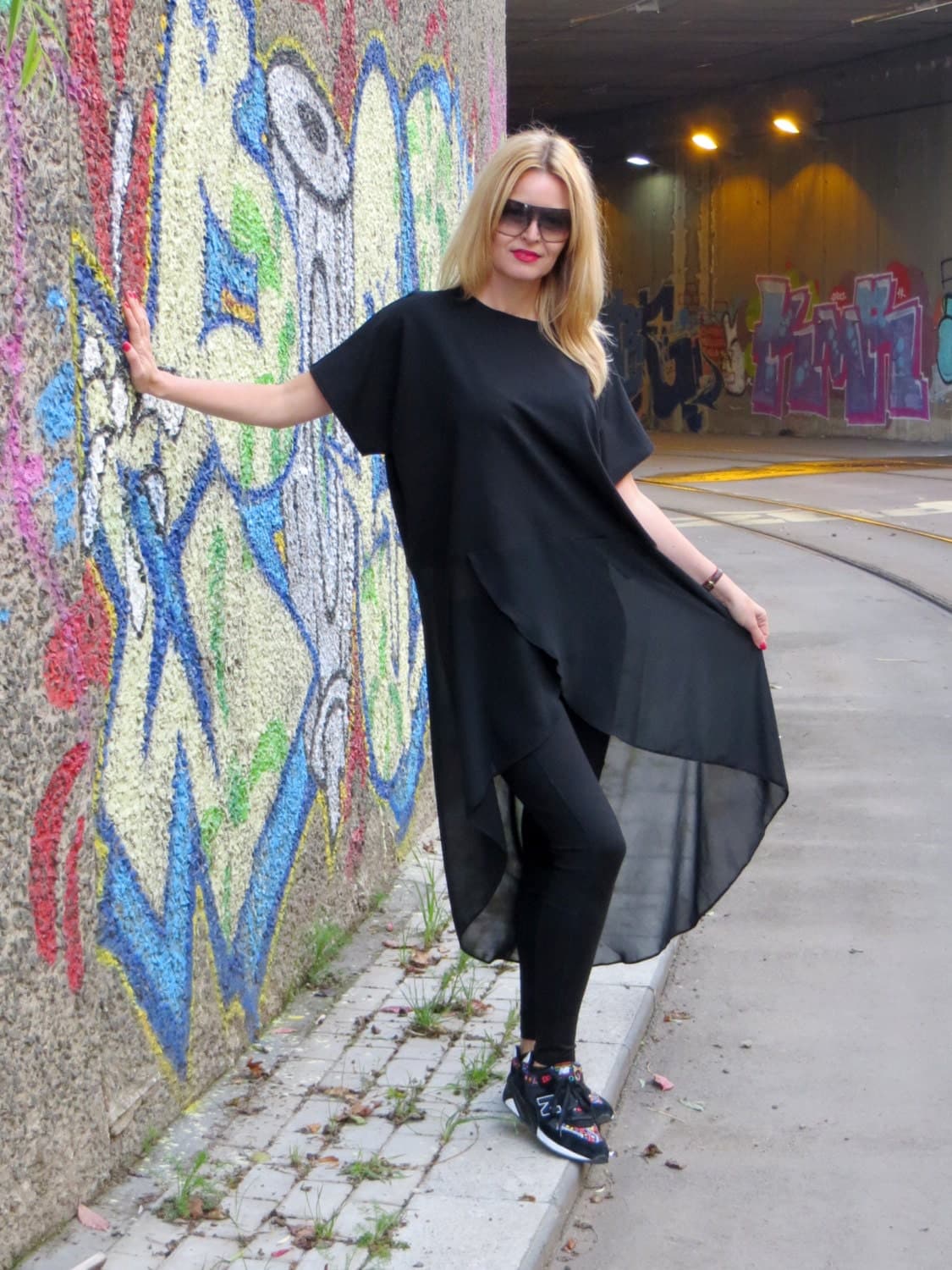 Oversized Black Tunic, Elegant Maxi Tunic, Casual Plus Size Top, Maternity Wear, Loose Fitted Black Tunic, Asymmetric Chiffon Top, eMODNO - image 5