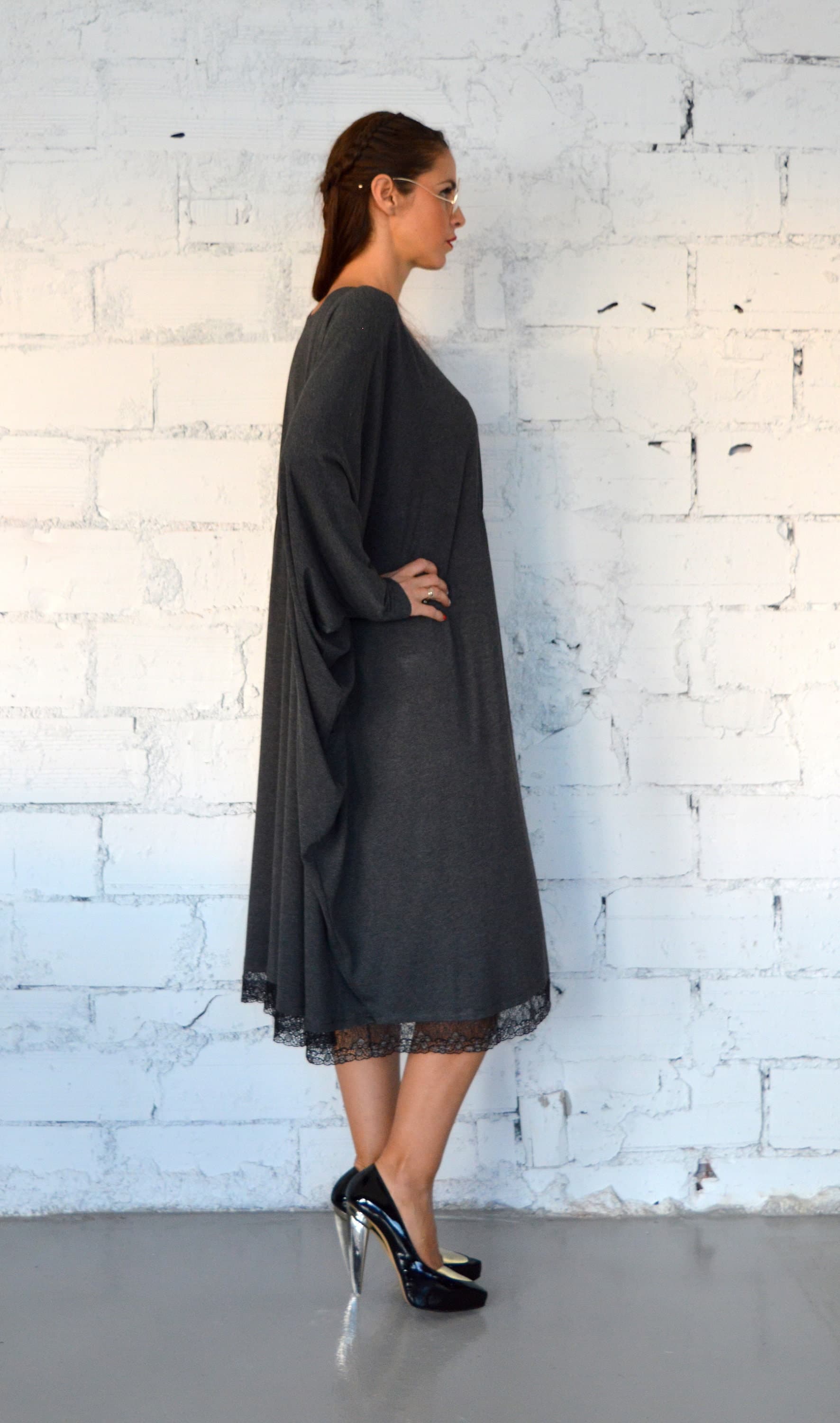 Women Oversized Dress, Grey Caftan, Midi Dress, Caftan Dress with Lace, Abaya Dress, Maxi Dress, Plus Size Dress, Long Dress, Casual Dress - image 5
