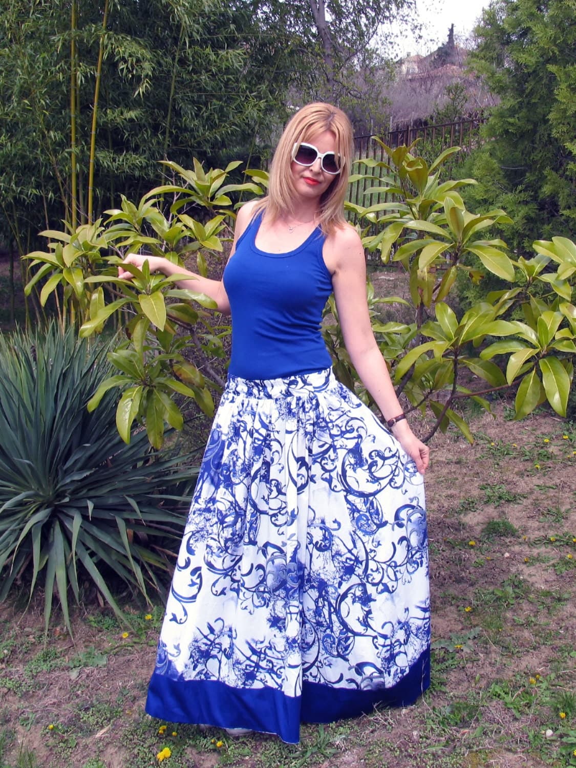 Gorgeous Maxi Skirt/ Royal blue/ Loose Fitted Cotton Skirt/ Oversize skirt/ Floral Skirt/ Casual Maxi Skirt/ Elegant skirt/ Plus size skirt - image 3