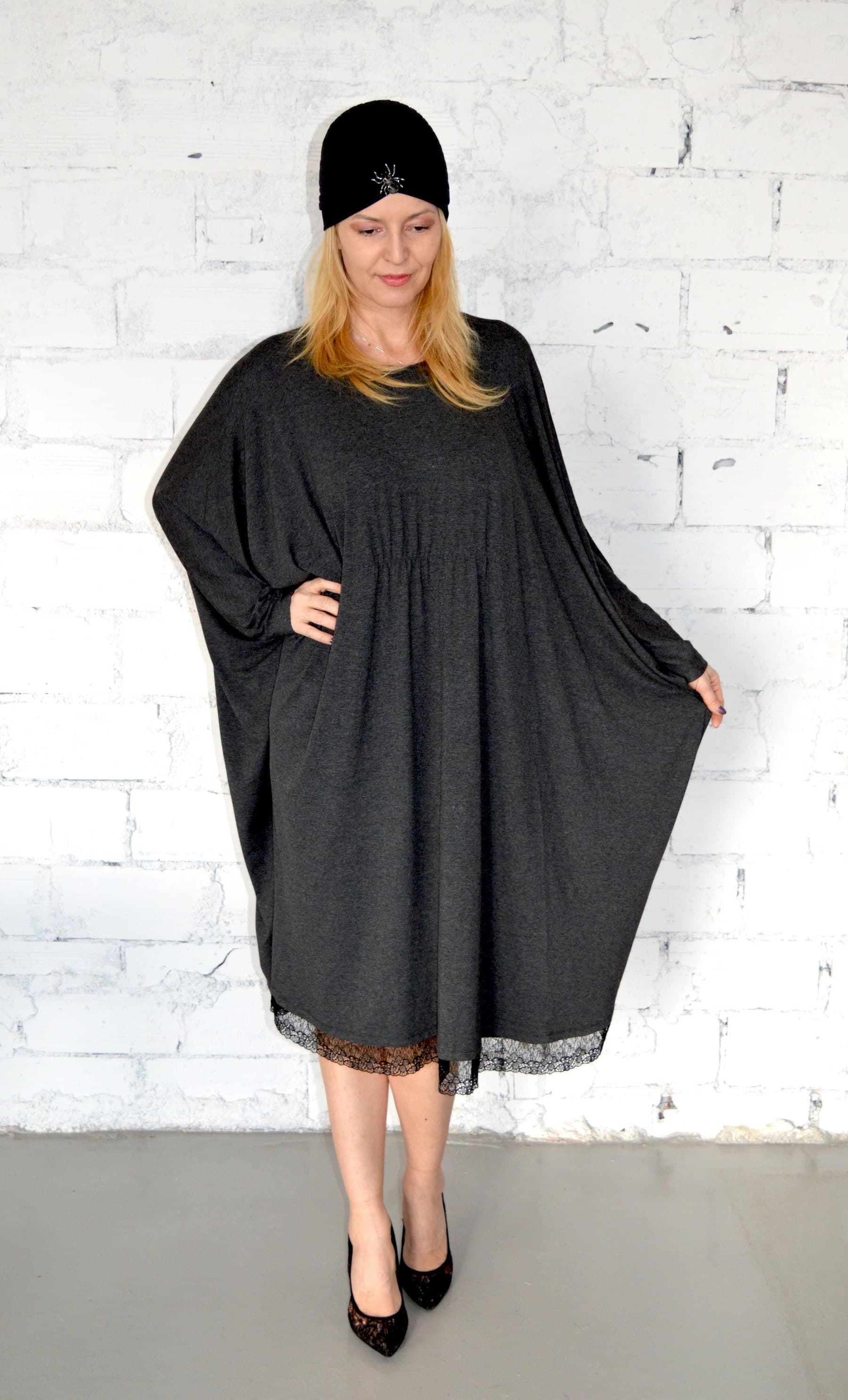 Women Midi Dress, Caftan Dress with Lace, Grey Kaftan, Abaya Dress, Maxi Dress, Plus Size Dress, Long Dress, Casual Oversized Dress - image 3