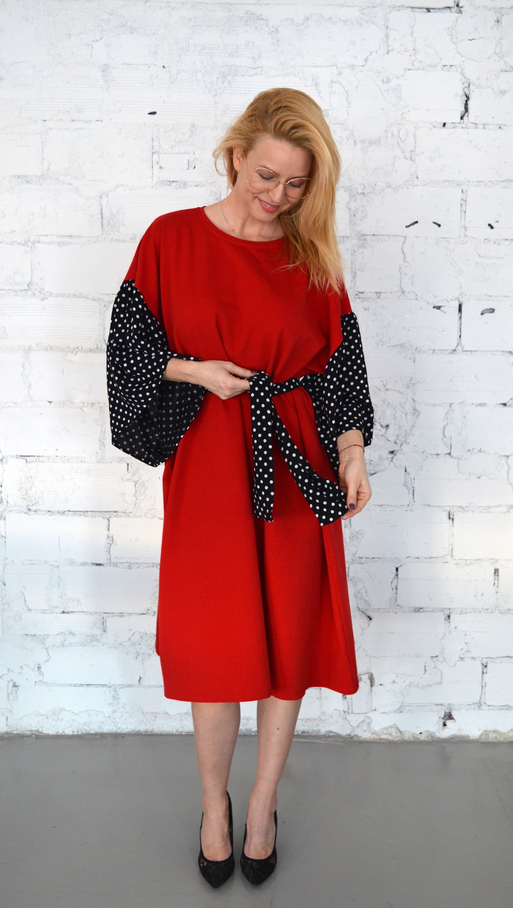 Women Red Dress, Plus Size Dress, Butterfly Sleeve, Casual Loose Dress, Maxi Dresses, Polka Dot Dress - image 5