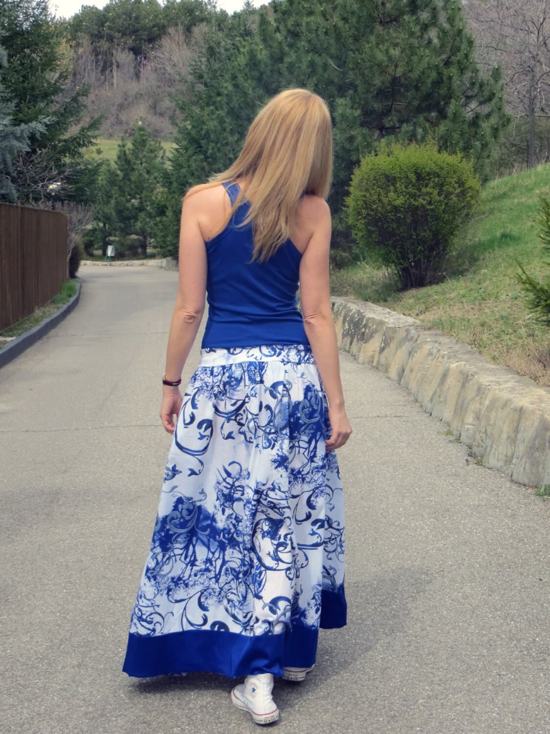 Gorgeous Maxi Skirt/ Royal blue/ Loose Fitted Cotton Skirt/ Oversize skirt/ Floral Skirt/ Casual Maxi Skirt/ Elegant skirt/ Plus size skirt - image 4