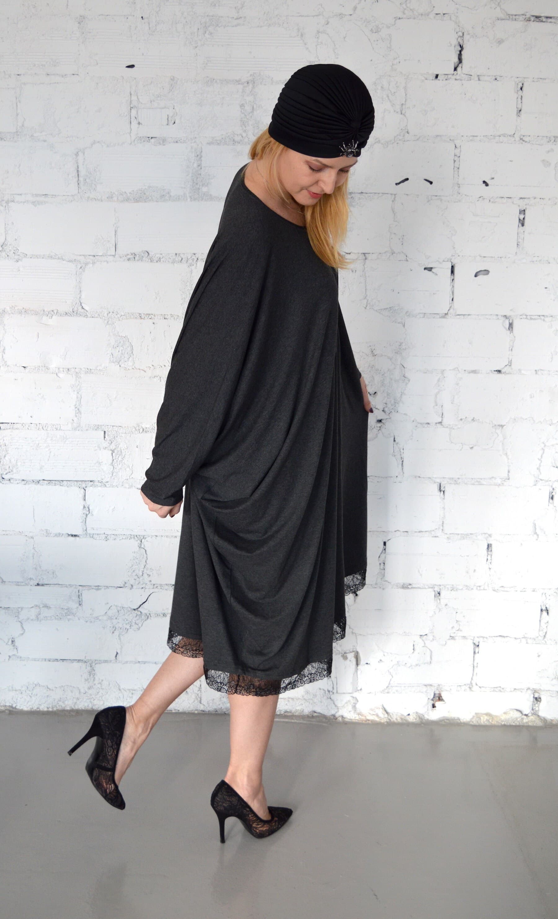 Women Midi Dress, Caftan Dress with Lace, Grey Kaftan, Abaya Dress, Maxi Dress, Plus Size Dress, Long Dress, Casual Oversized Dress - image 4