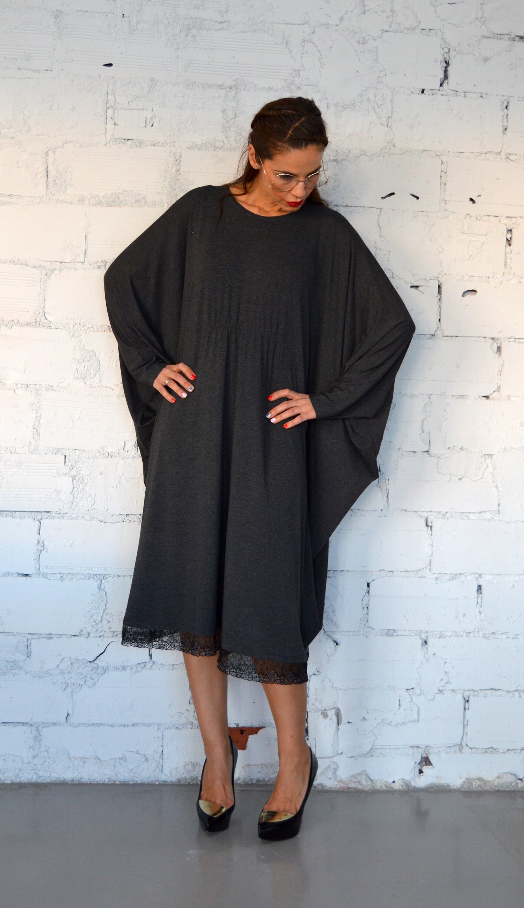 Women Oversized Dress, Grey Caftan, Midi Dress, Caftan Dress with Lace, Abaya Dress, Maxi Dress, Plus Size Dress, Long Dress, Casual Dress - image 3
