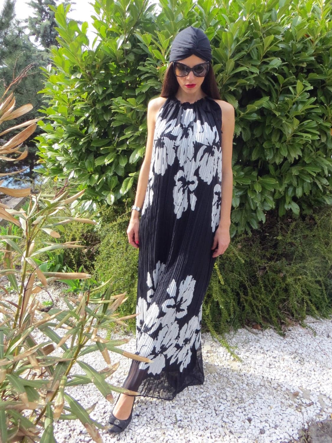 Maxi Black Dress/ Floral Print Dress/ Plus Size Maxi Dress/ Caftan Dress