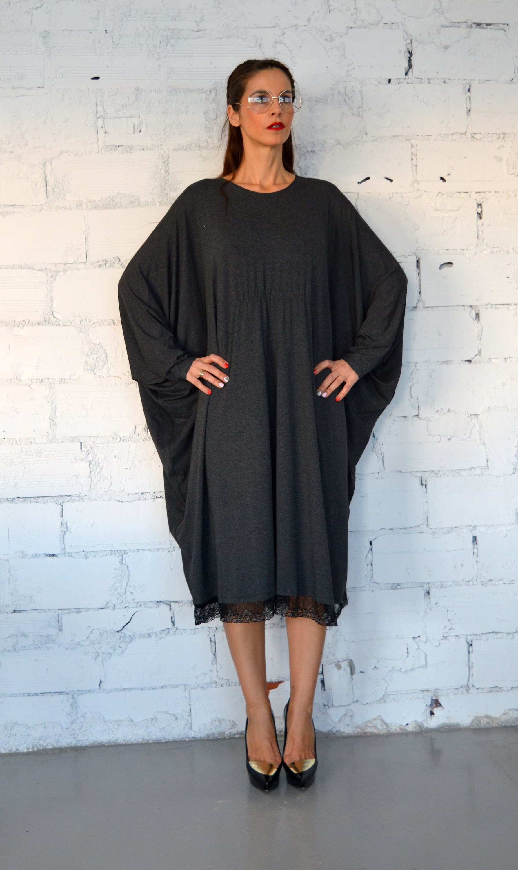 Women Oversized Dress, Grey Caftan, Midi Dress, Caftan Dress with Lace, Abaya Dress, Maxi Dress, Plus Size Dress, Long Dress, Casual Dress