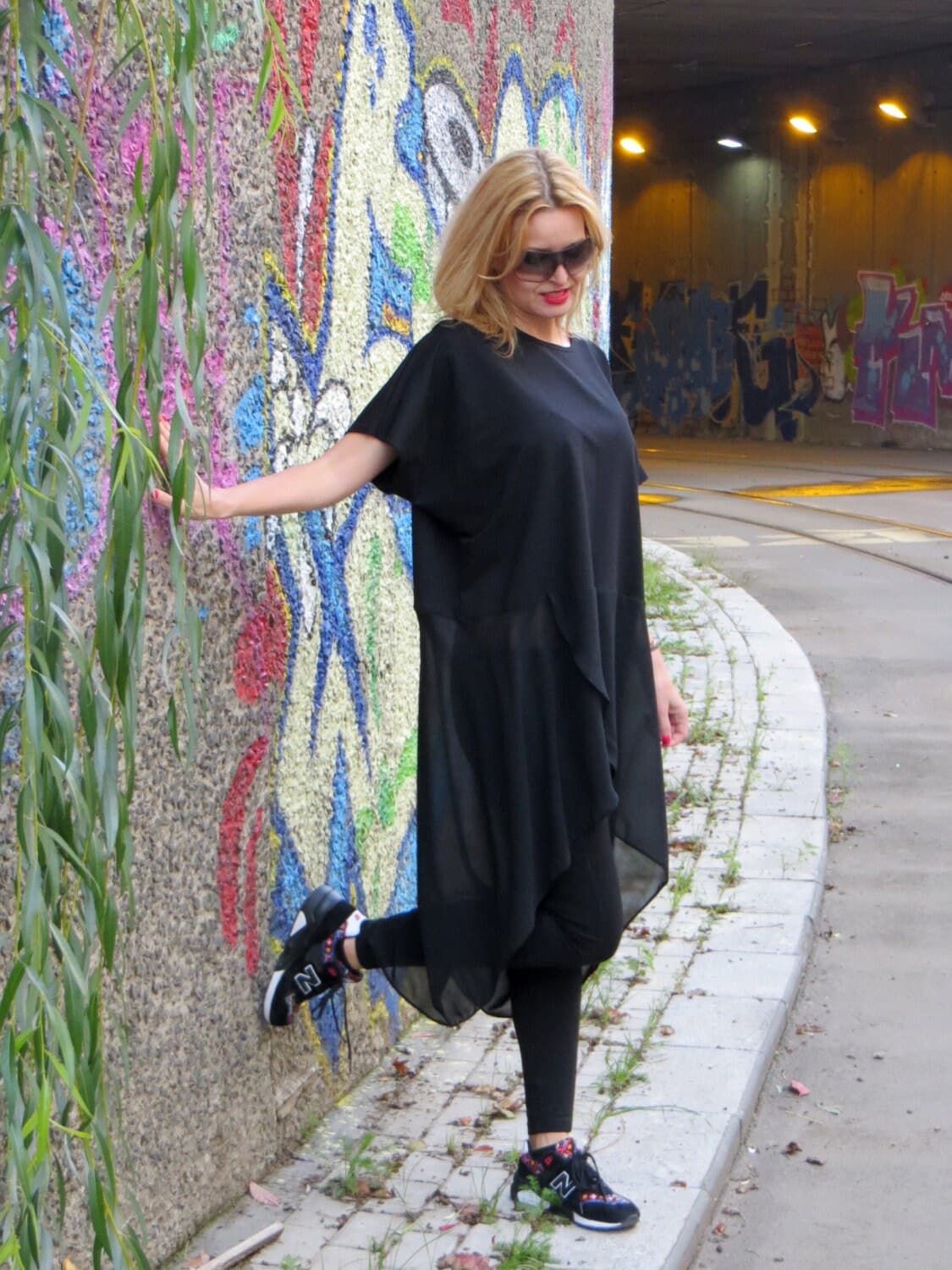 Oversized Black Tunic, Elegant Maxi Tunic, Casual Plus Size Top, Maternity Wear, Loose Fitted Black Tunic, Asymmetric Chiffon Top, eMODNO - image 3