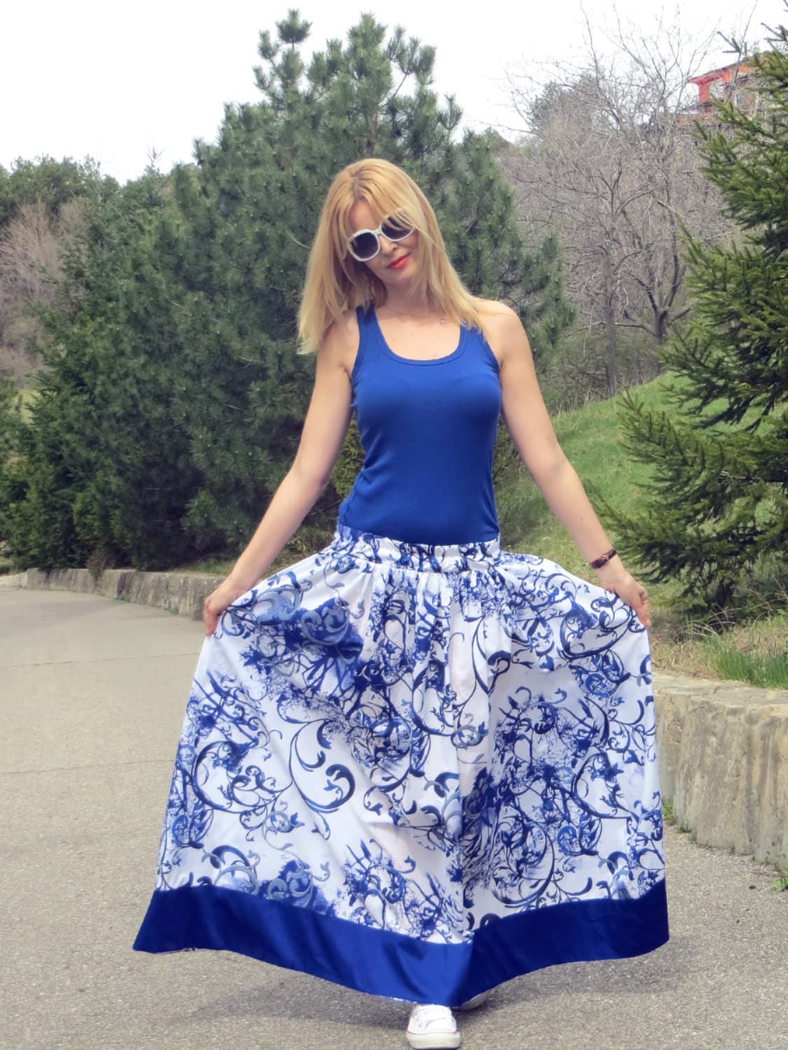 Gorgeous Maxi Skirt/ Royal blue/ Loose Fitted Cotton Skirt/ Oversize skirt/ Floral Skirt/ Casual Maxi Skirt/ Elegant skirt/ Plus size skirt