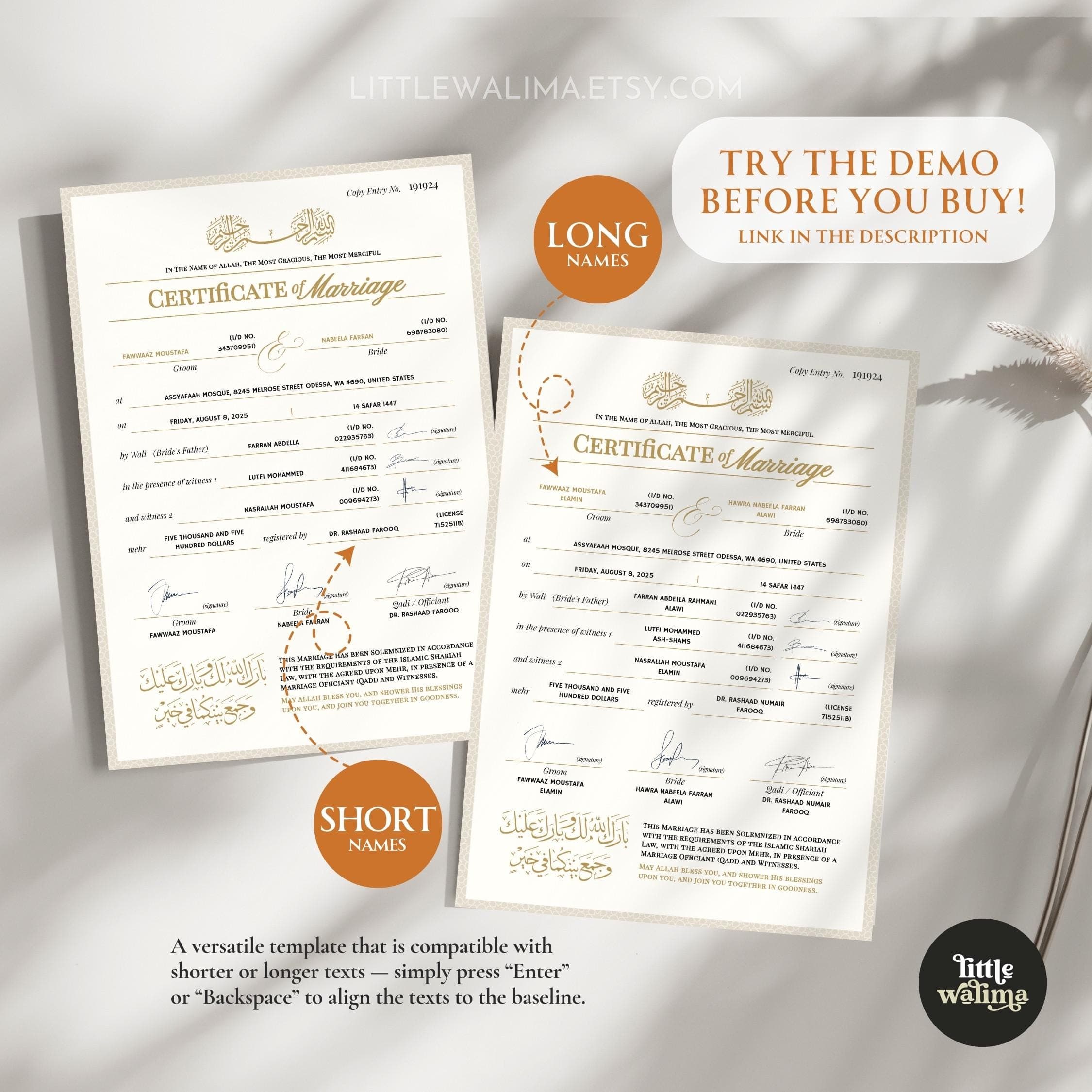 Printable Nikkah Certificate (Islamic marriage contract) with a modern neutral design in English, features Barakallahu Dua and Bismillah in Arabic calligraphy, for Muslim newlyweds, especially for long Muslim names.