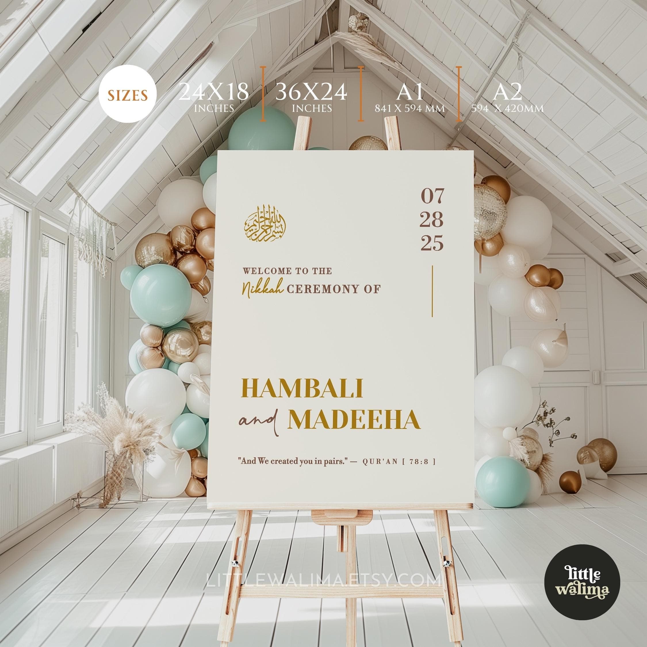 Muslim Wedding Poster, a Nikkah Welcome Sign with Bismillah & Quran quote. This modern Nikkah sign features a timeless Quran verse from Surah An-Naba (78:8), "And We created you in pairs." elegantly rendered in gold on beige minimalist background