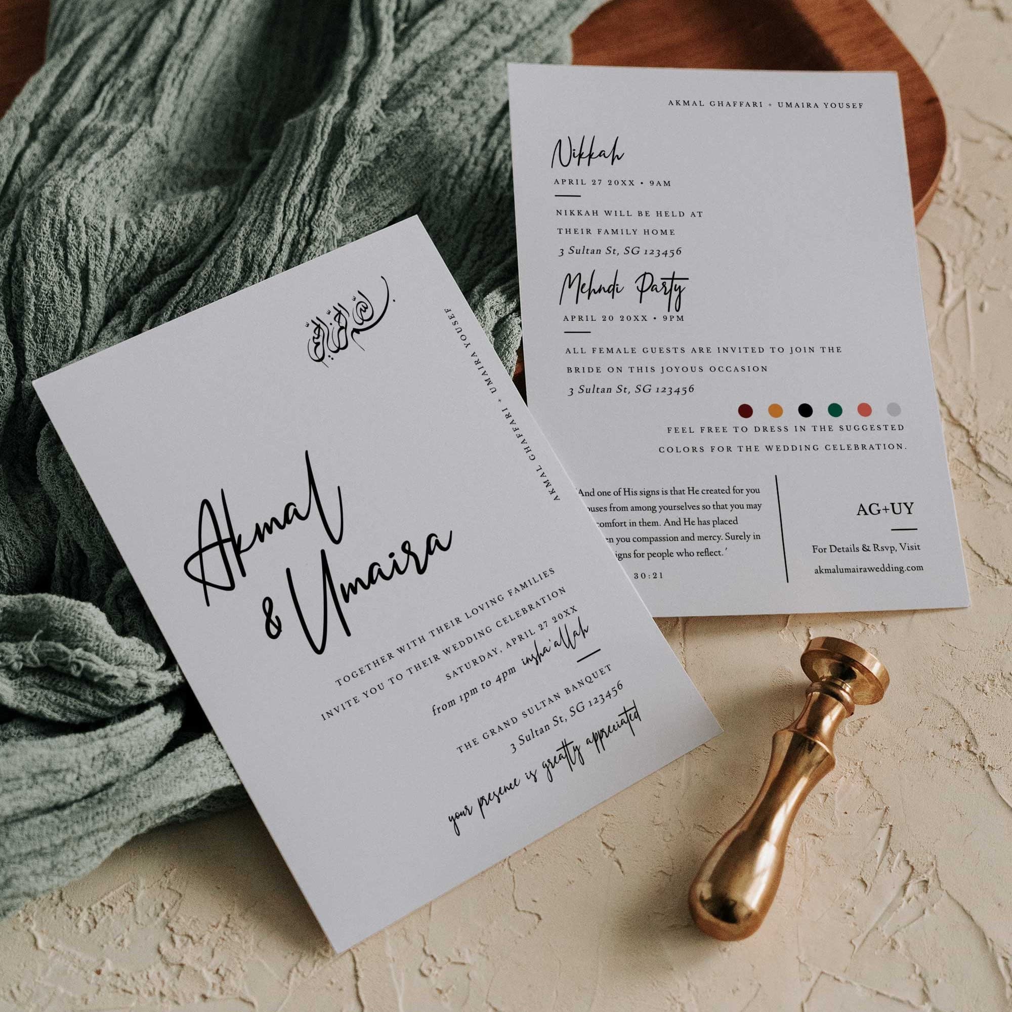 Minimalist Islamic Wedding Invitation Template AKMAL (5x7 Inches Double-Sided Details) — Instant Access | Edit Online