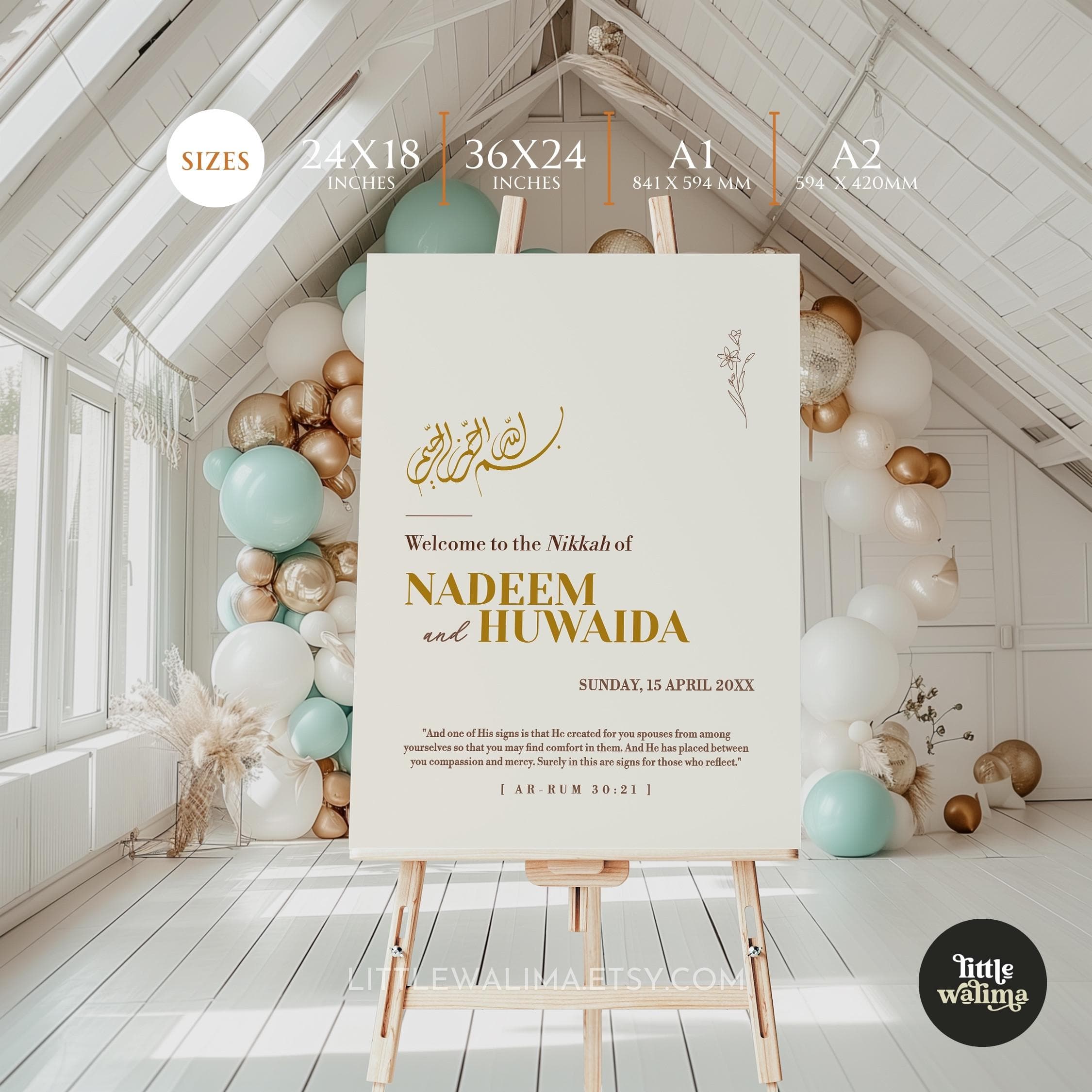 Modern Islamic Wedding Welcome Sign Poster. Our Nikkah welcome sign feature a timeless Quran verse from surah Ar-Rum (30:21), rendered in a serene beige gold minimalist style.