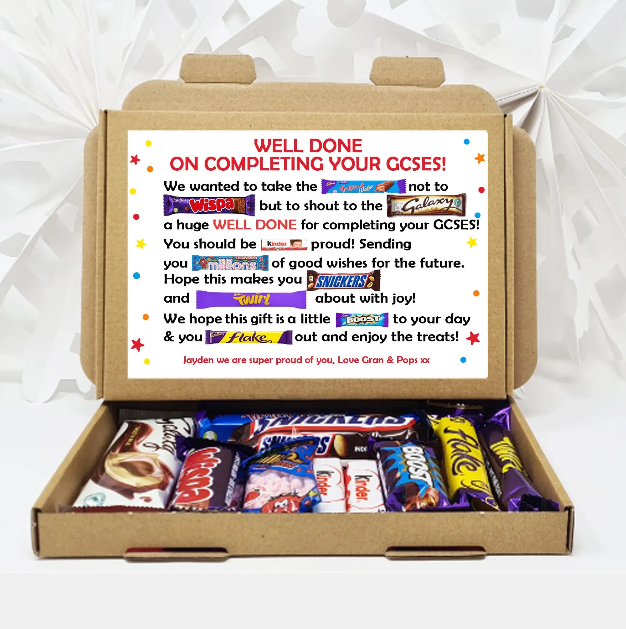 Personalised  Exam Good Luck Treat Box/ SATS/ GCSES/ 11+ A Levels Well Done Treat Box Letterbox Gift Hug in a Box Chocolate Poem Unique