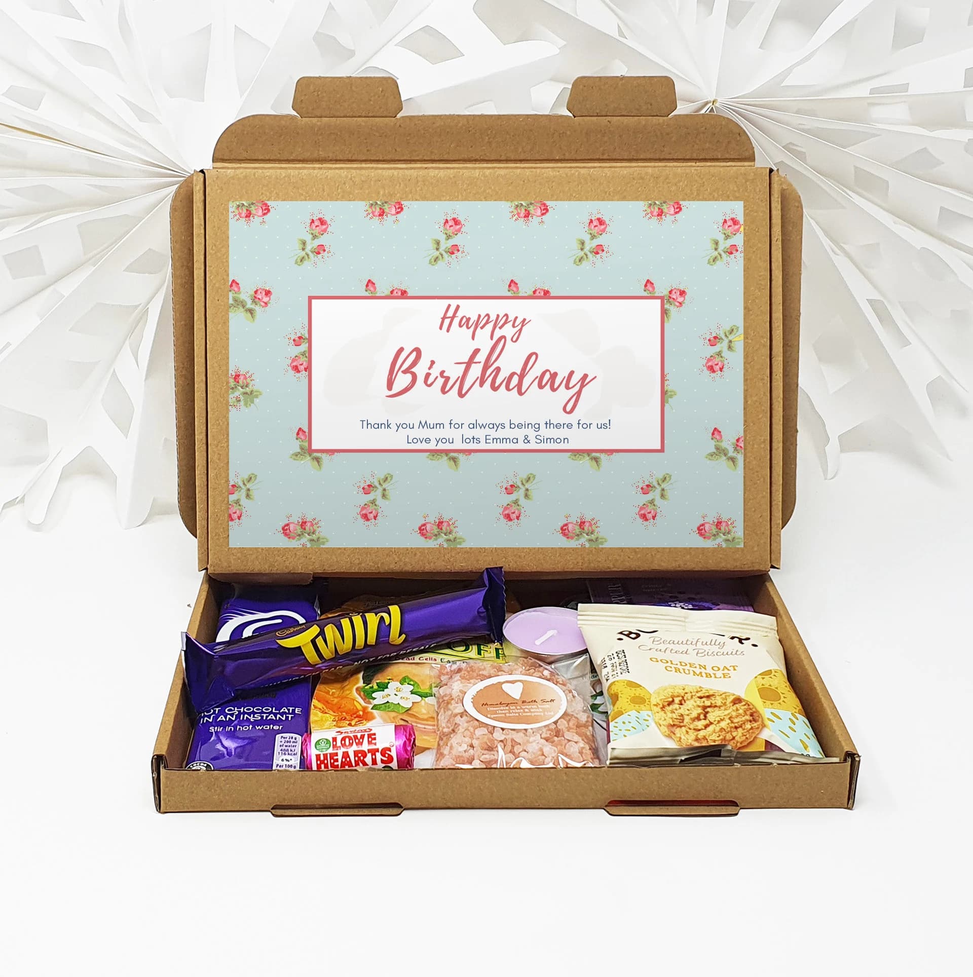 Personalised Birthday Pamper Treat Box Letterbox Gift Hug in a Box Hamper Chocolate Sweets Tea Lover Coffee Vegan Floral - image 3
