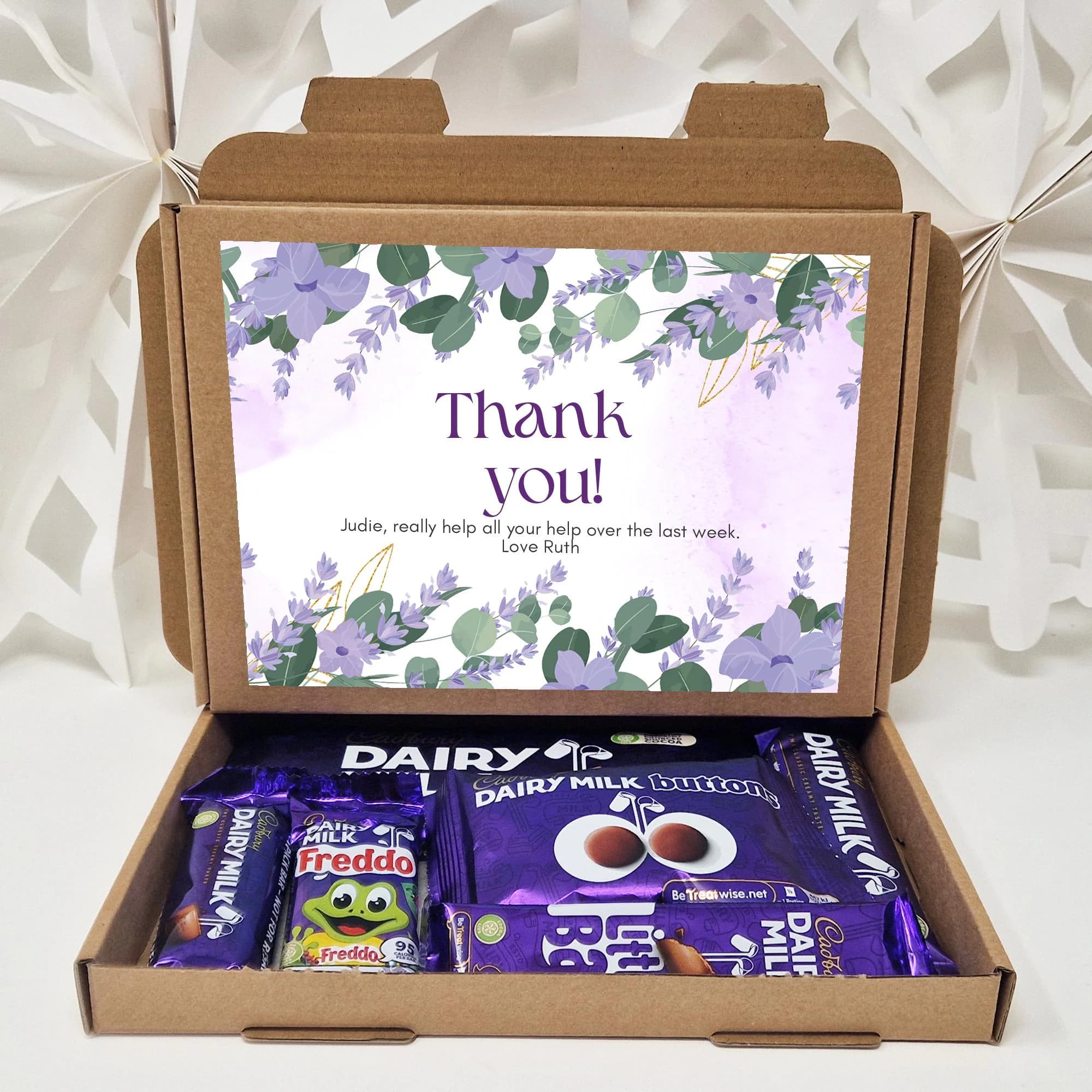 A beautifully designed, personalised Cadbury Dairy Milk chocolate gift box for any occasion, including Birthday, Mother’s Day, Thank You, Get Well Soon, and Thinking of You. The box features a printed message on the outside, with a selection of original, branded Dairy Milk chocolate bars inside. Professionally packaged for gifting, with no paperwork included. Perfect for chocolate lovers and special celebrations.
