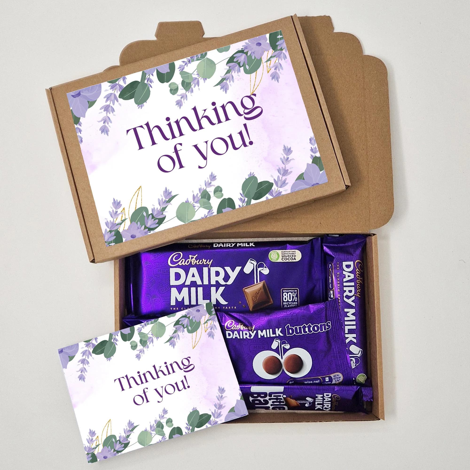 A beautifully designed, personalised Cadbury Dairy Milk chocolate gift box for any occasion, including Birthday, Mother’s Day, Thank You, Get Well Soon, and Thinking of You. The box features a printed message on the outside, with a selection of original, branded Dairy Milk chocolate bars inside. Professionally packaged for gifting, with no paperwork included. Perfect for chocolate lovers and special celebrations.