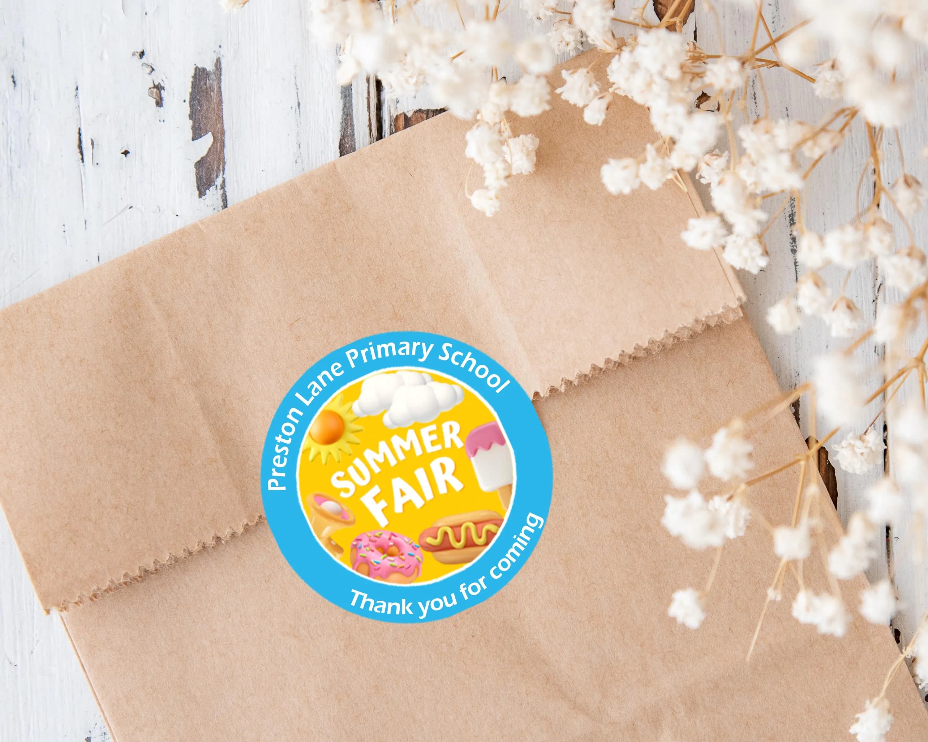 Personalised Summer Fair Stickers – Perfect for Party Bags & Gifts! Summer Gift Stickers - Thank you, Have a great Summer Fayre End of Year