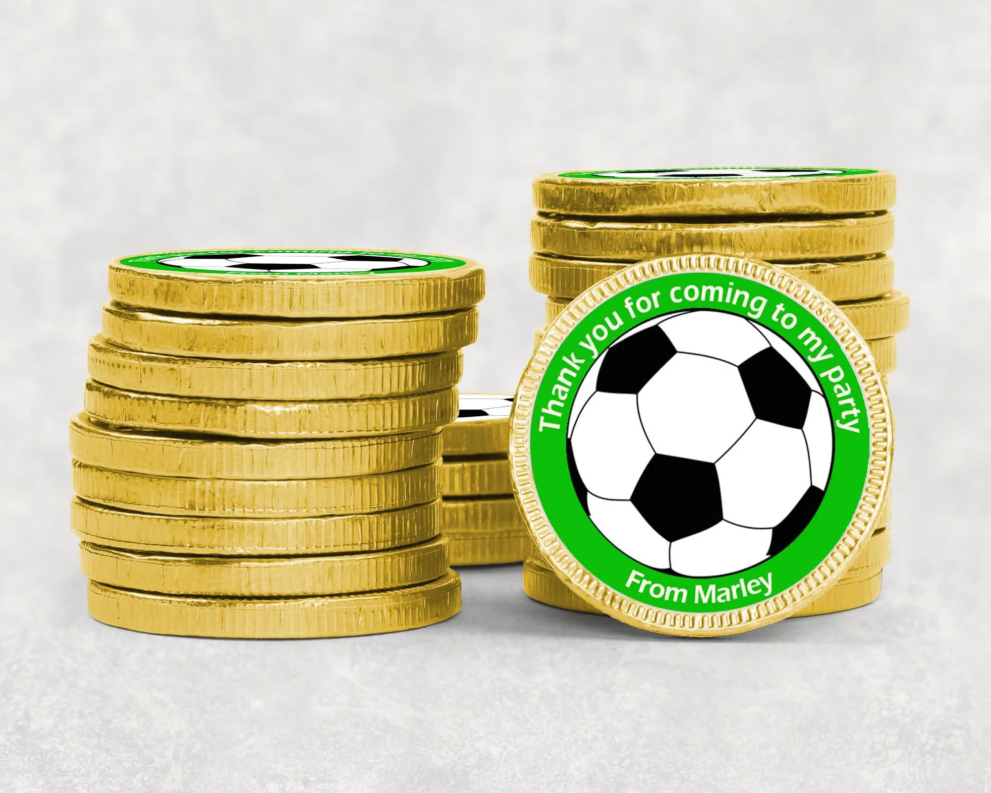 Personalised Football Birthday Chocolate Coins – Gold Foil Party Favours | Custom Name Stickers | Kids Party Bags | Bulk Options