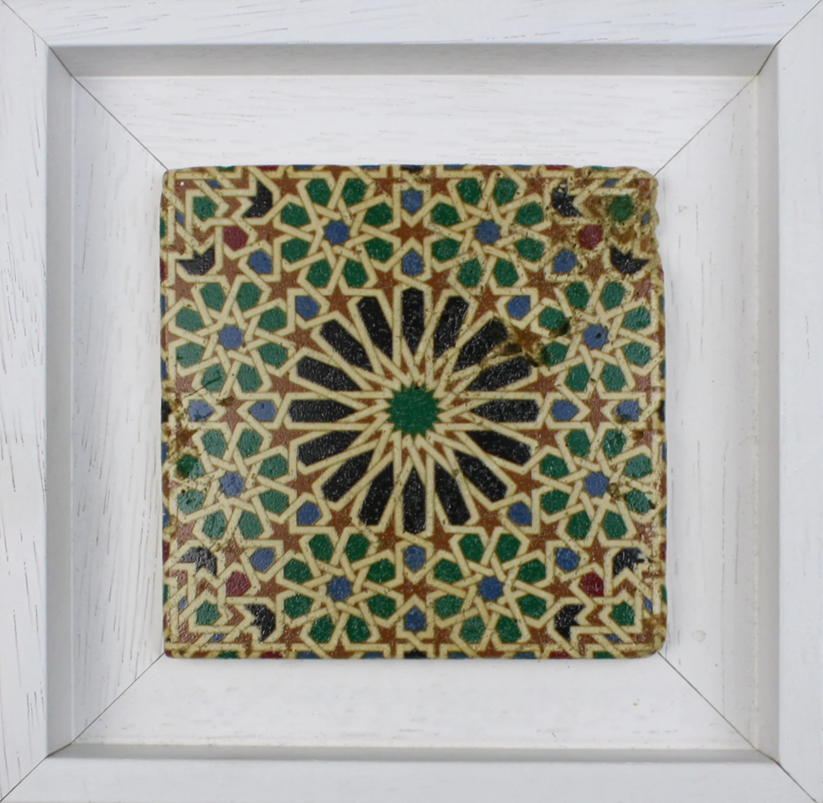 Traditional Green & Blue El Mexuar Alhambra Granada Spain Geometric Moorish Design Framed Turkish Ottoman Ceramic Stone Art - MINI - SMALL - image 4