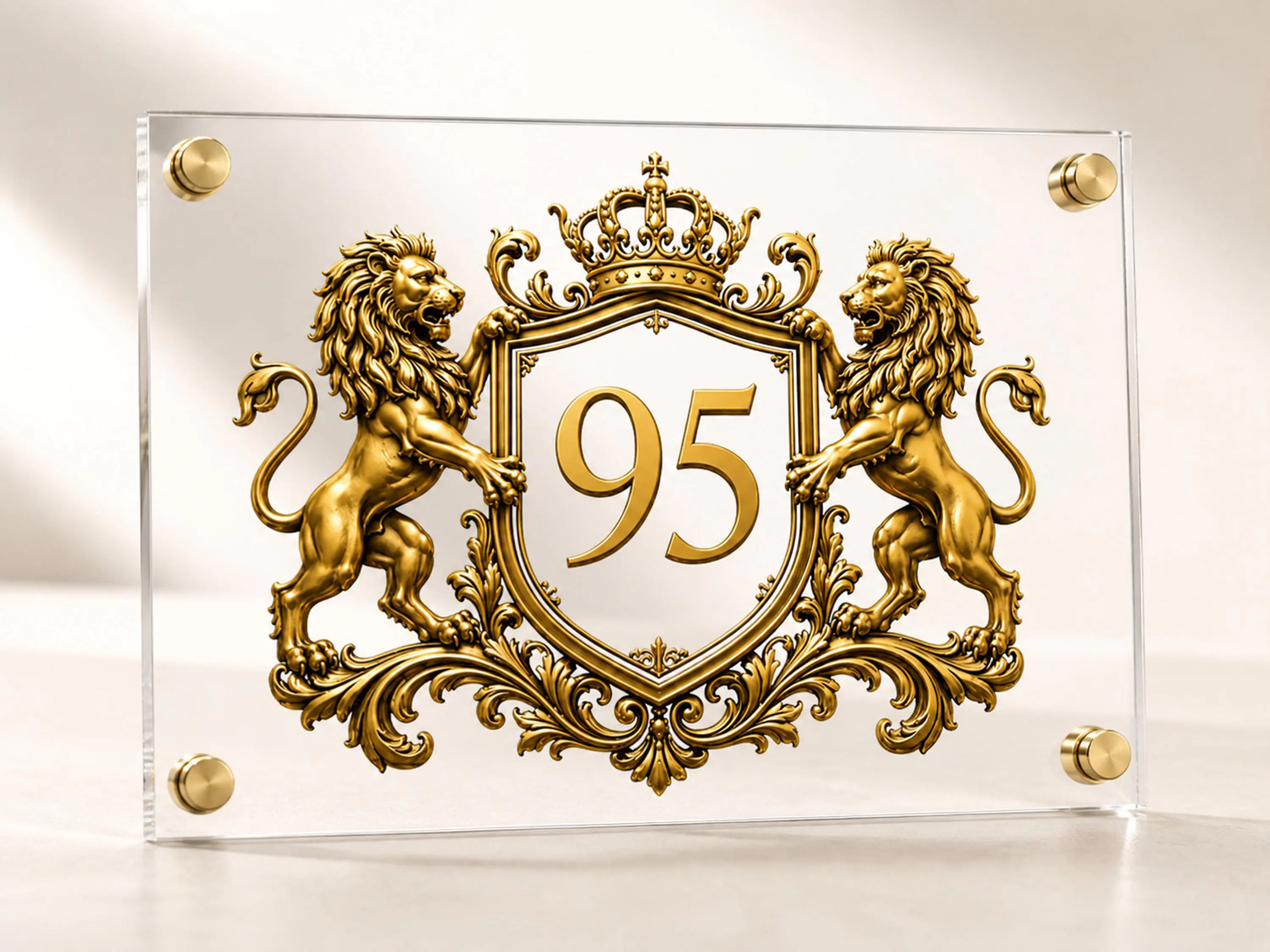 Personalized Acrylic House Number Sign, Custom Mailbox Plaque, Door Address Sign, Gold Lion Crest, Outdoor Home Number Sign