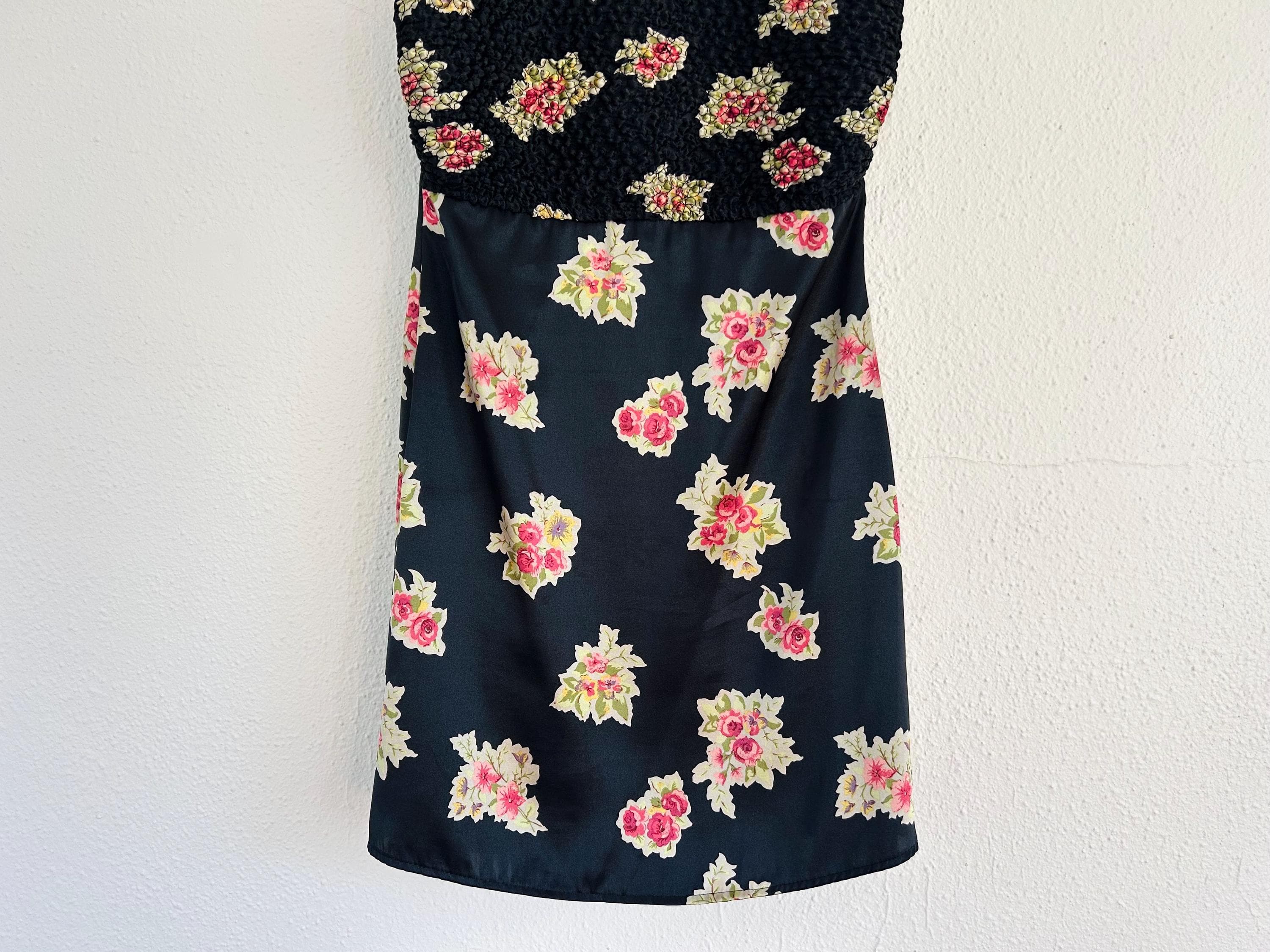 Vintage 90s Y2K babydoll dress black floral smocked satin slip - image 5