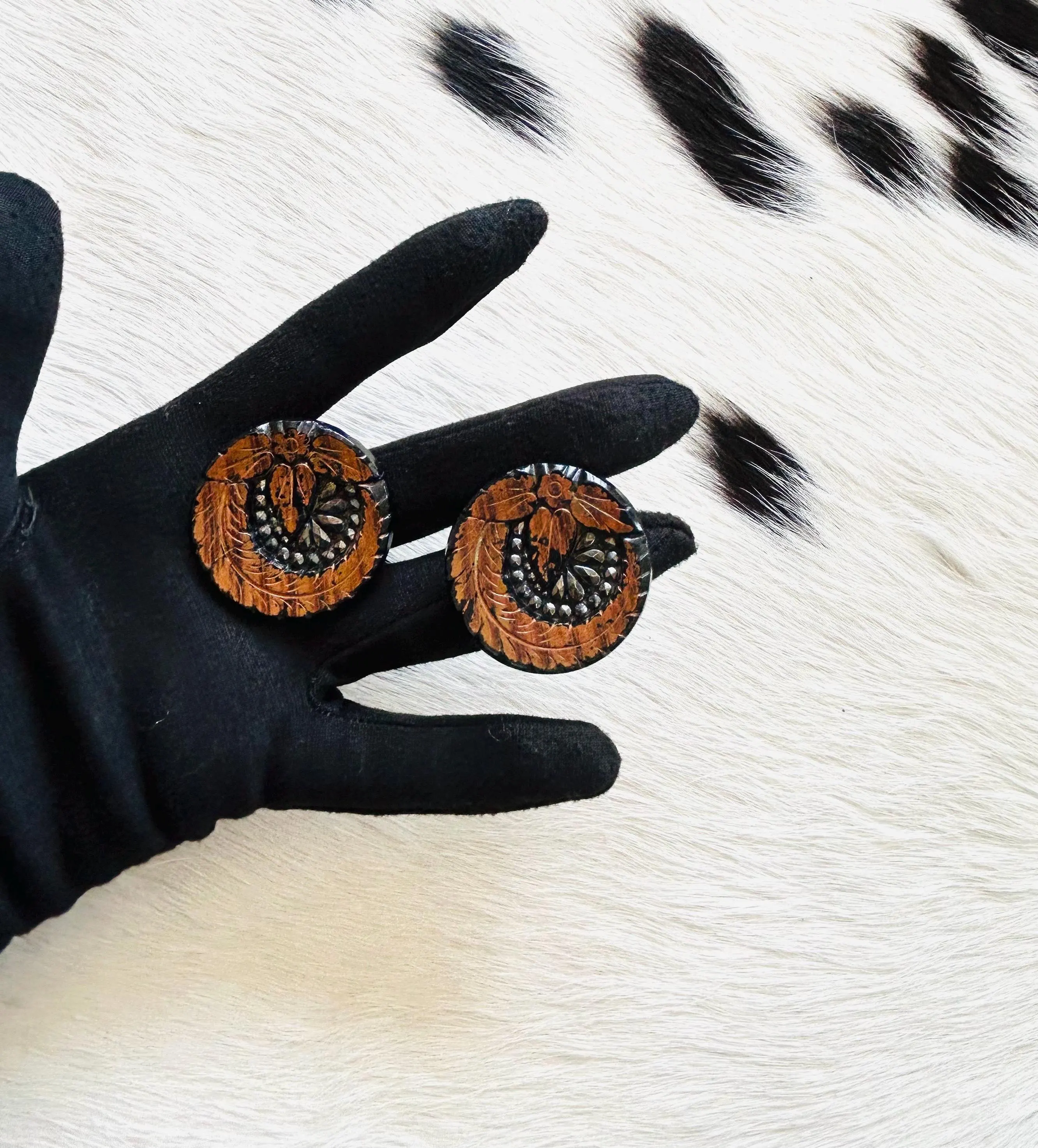 Art Deco Black Glass Button Earrings: 1930s Upcycled Leaf Design