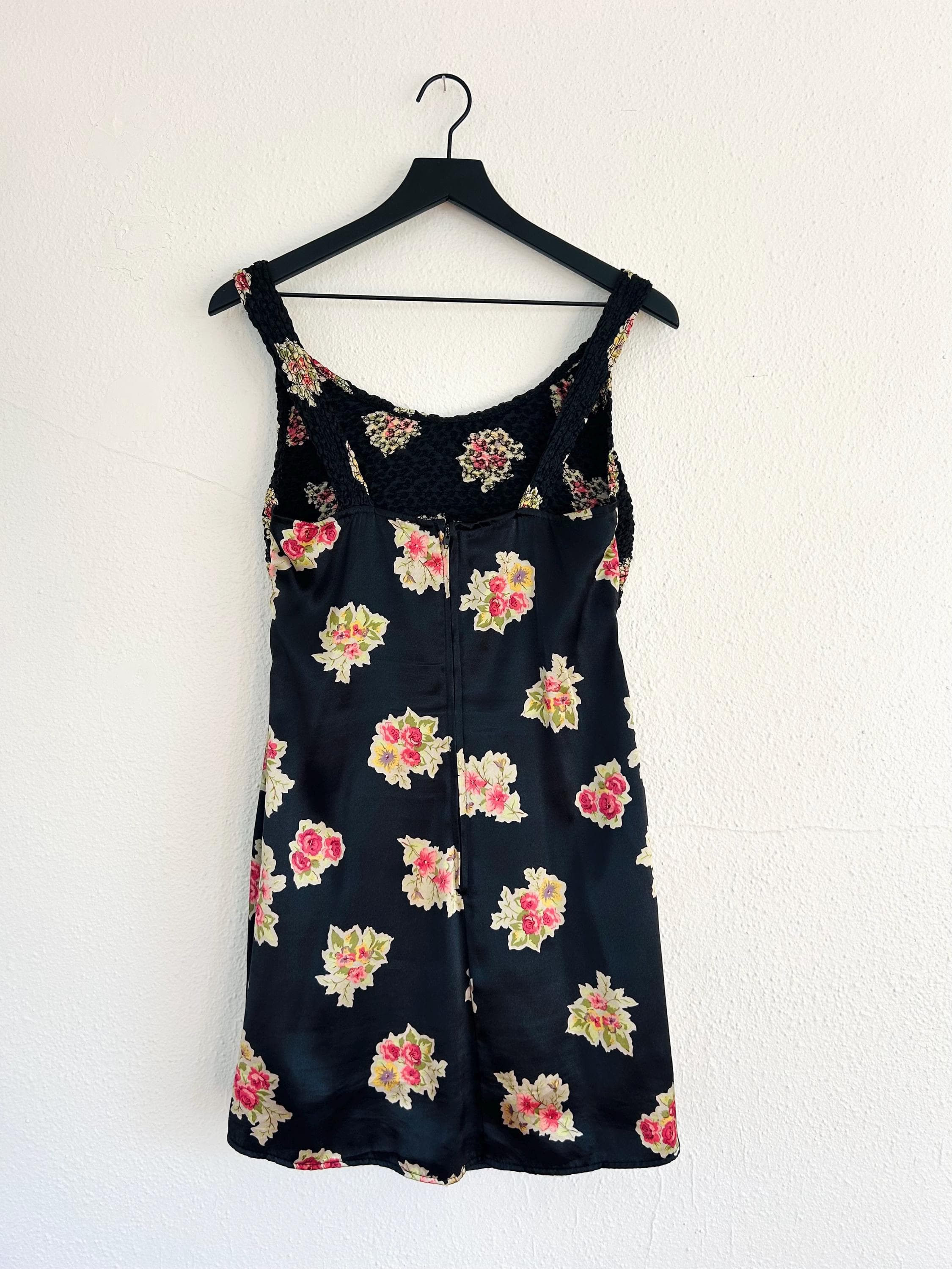 Vintage 90s Y2K babydoll dress black floral smocked satin slip - image 3